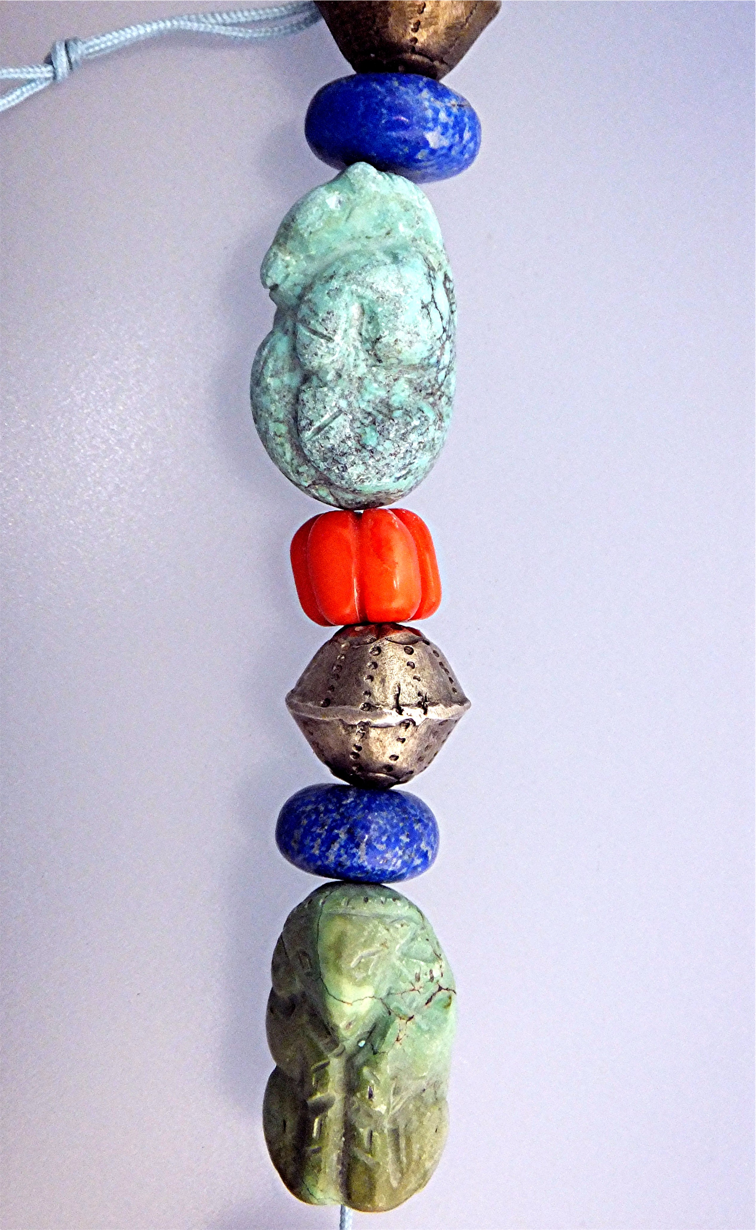 Carved Turquoise Animals Coral Lapis Silver Necklace