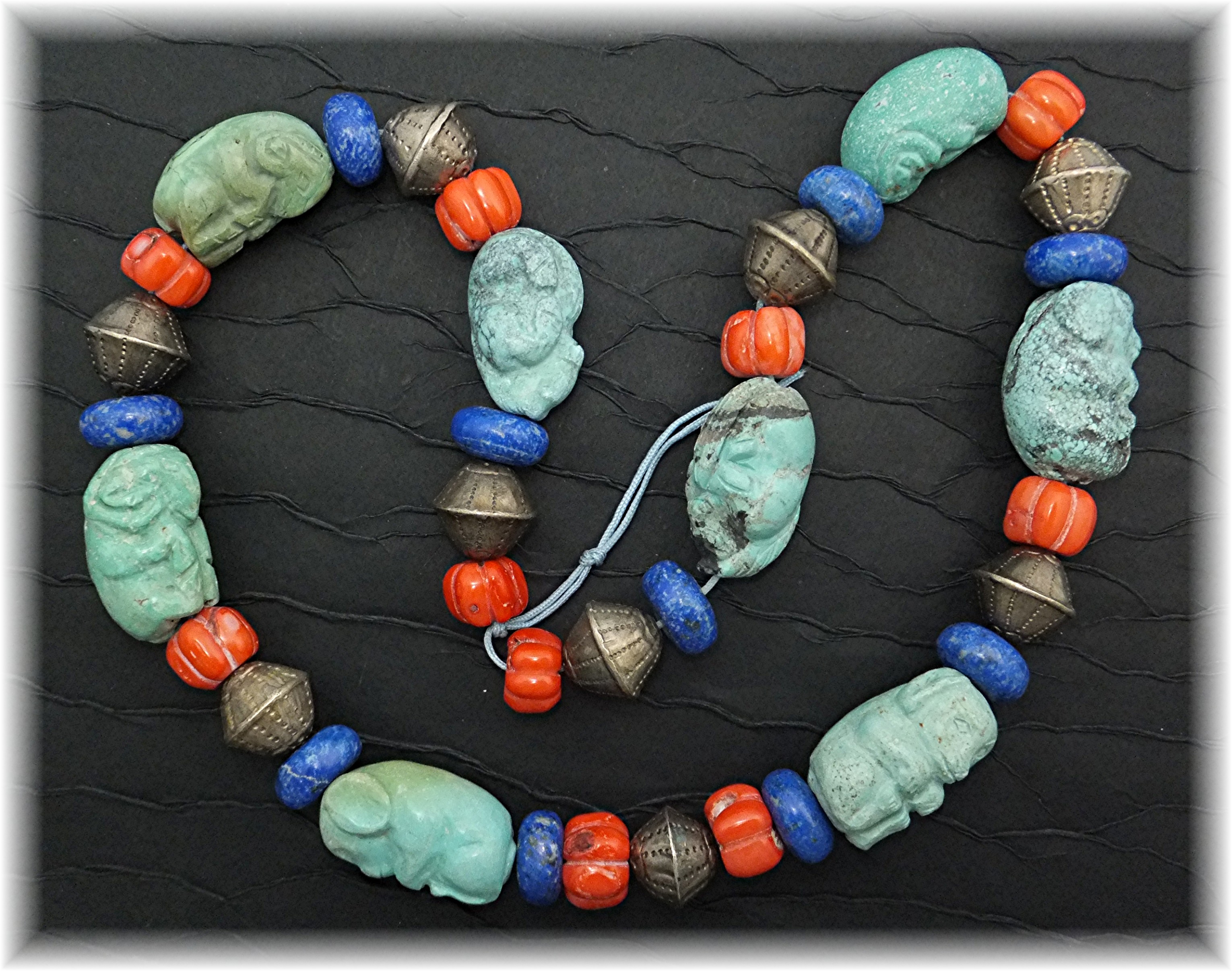 Carved Turquoise Animals Coral Lapis Silver Necklace