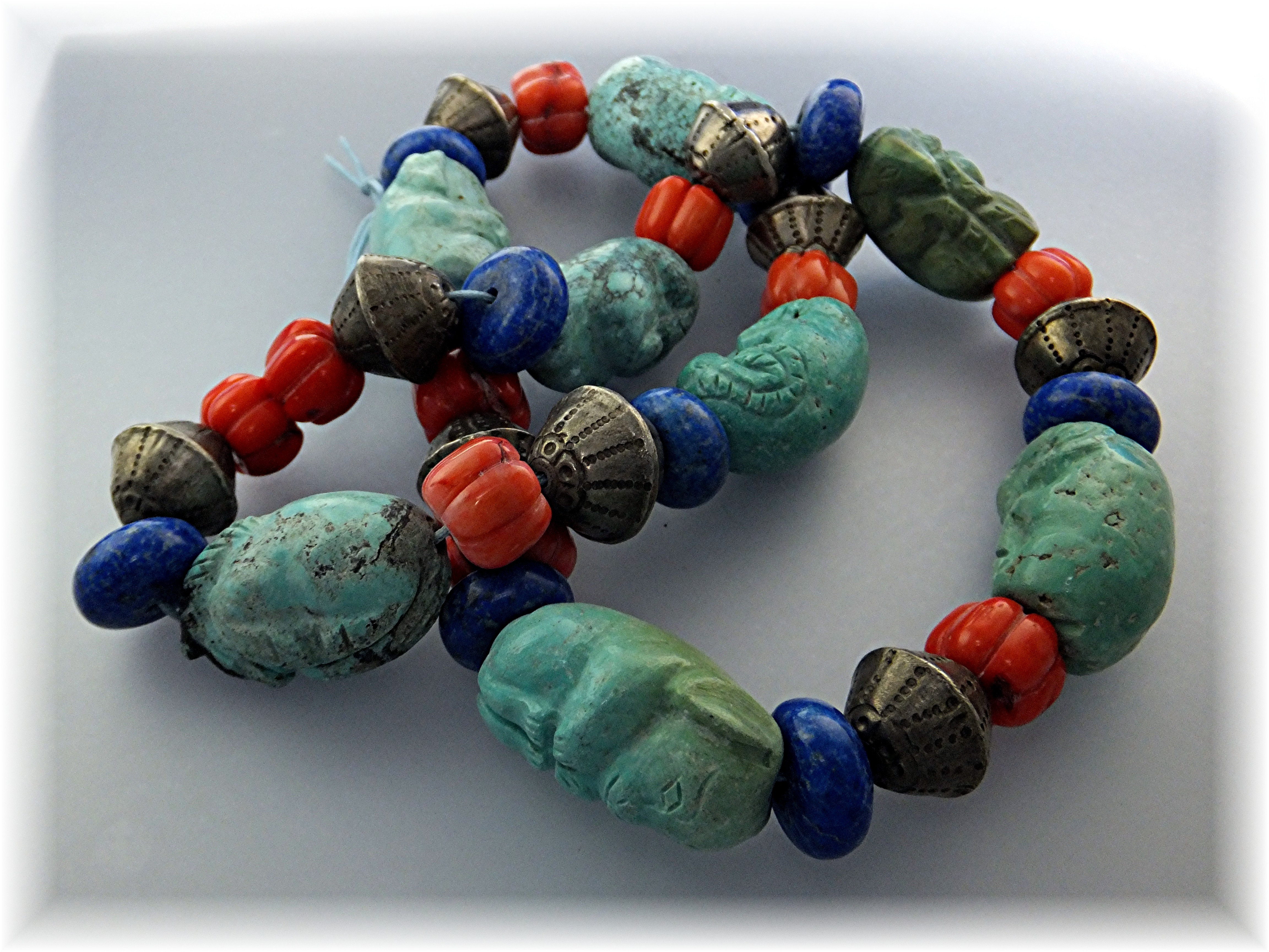 Carved Turquoise Animals Coral Lapis Silver Necklace