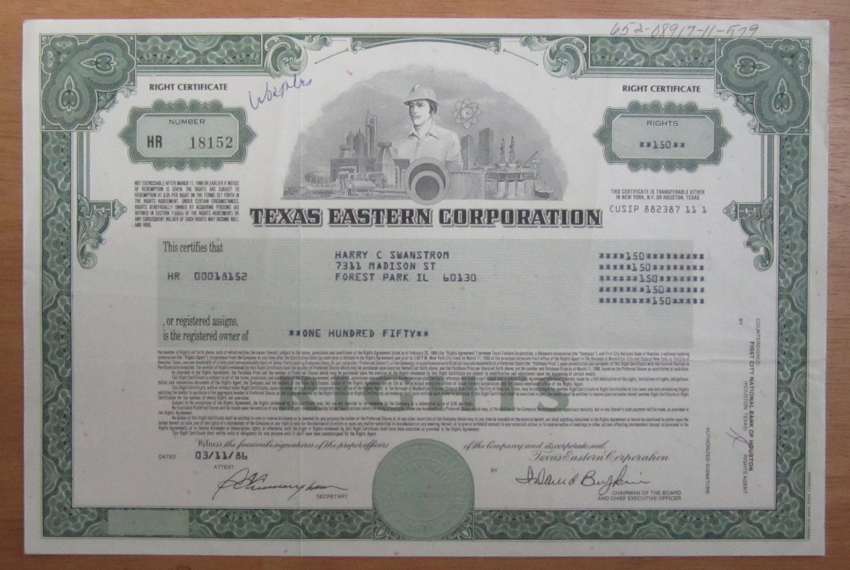 1986 Texas Eastern Corporation Stock Certificate