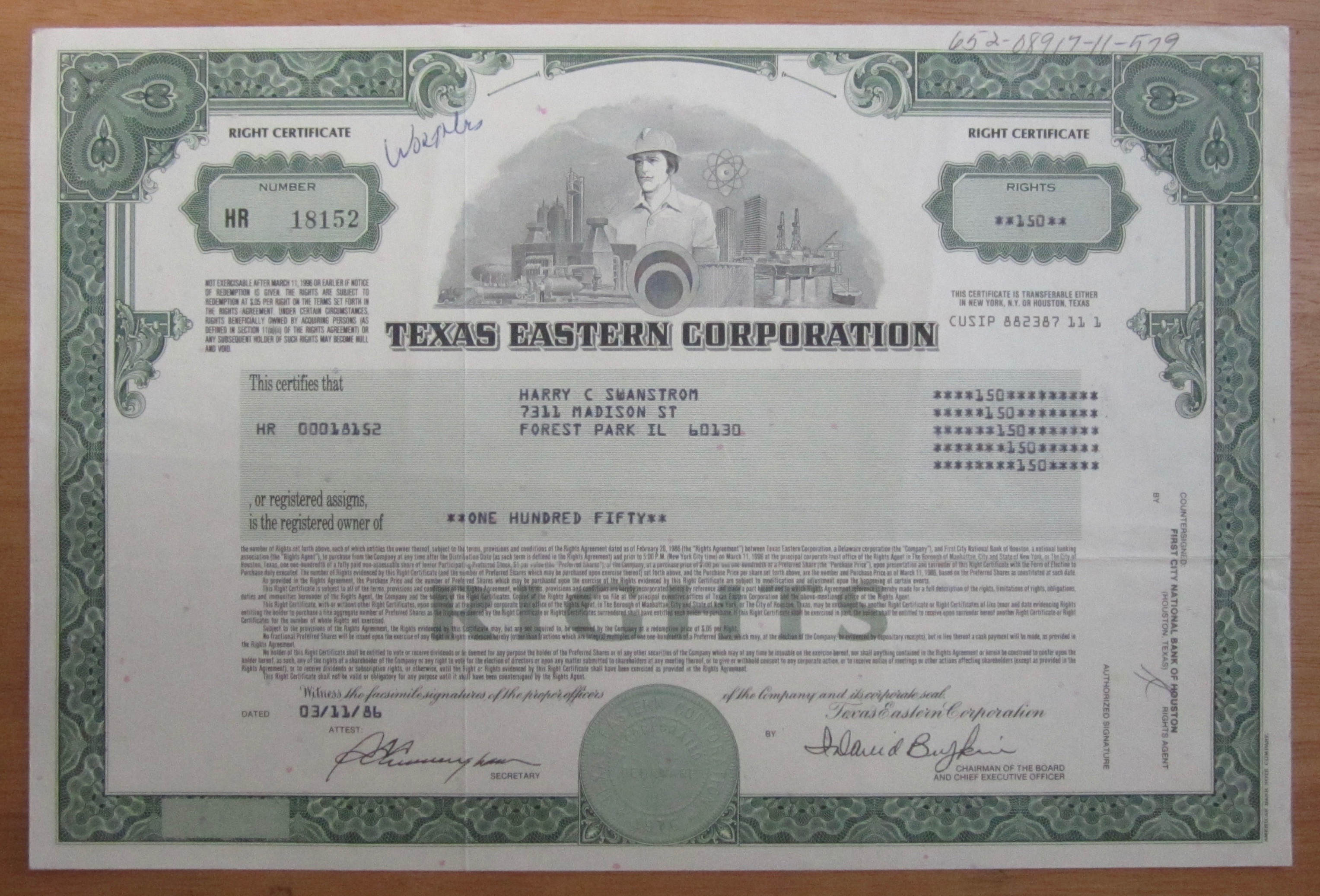1986 Texas Eastern Corporation Stock Certificate