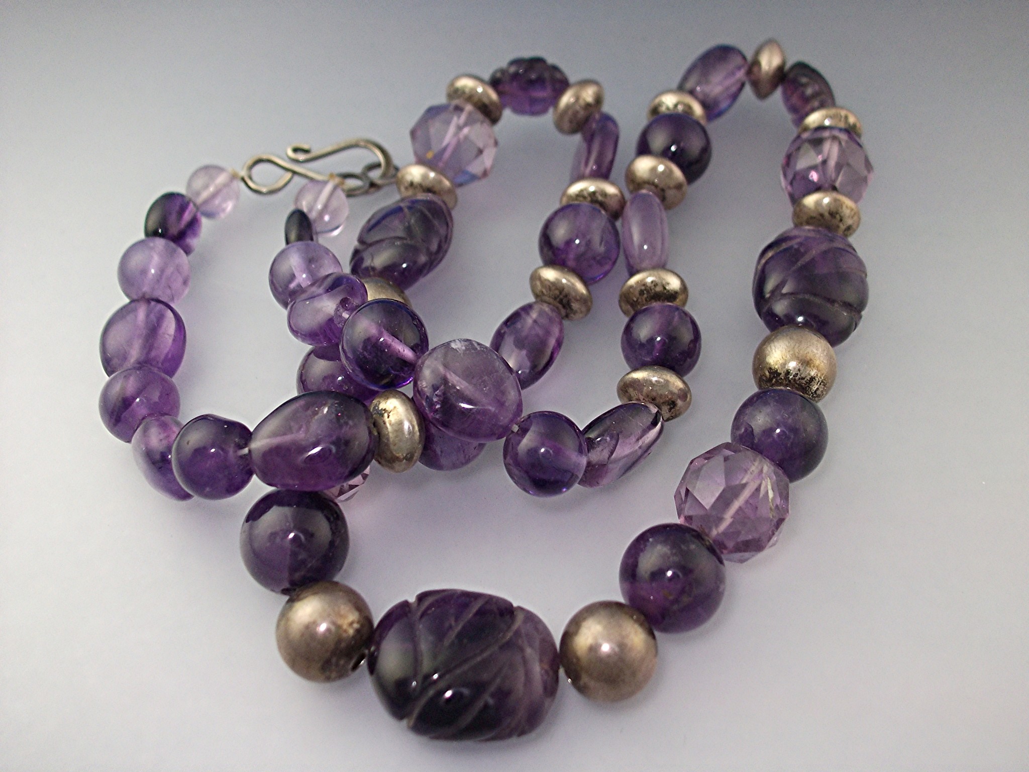Necklace Carved Amethyst Sterling Silver Beads