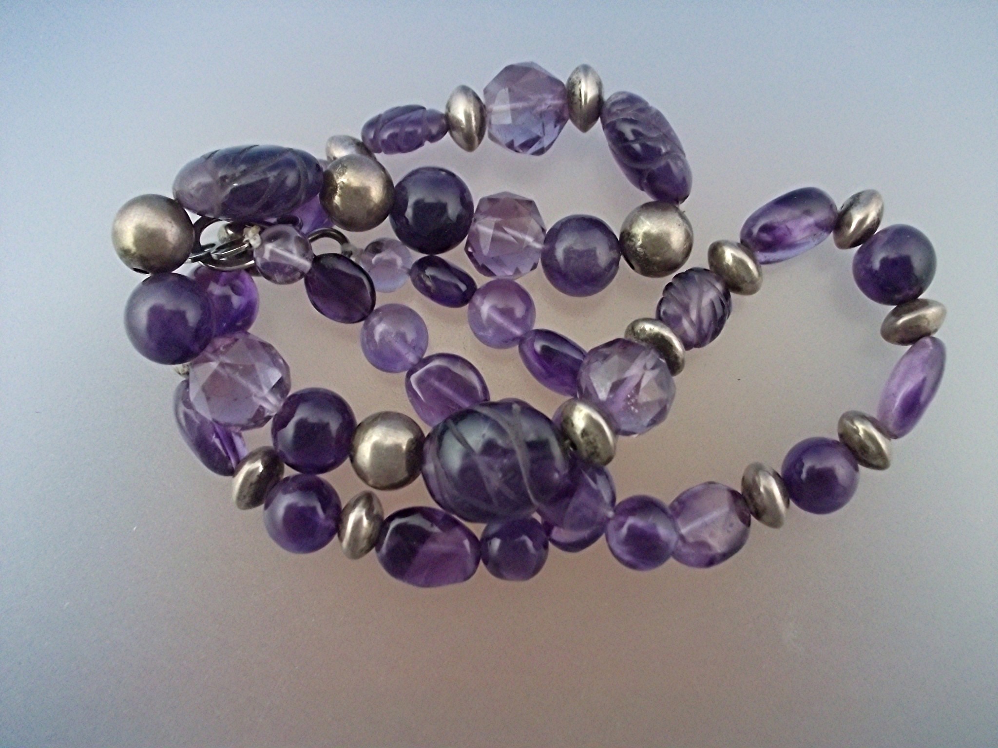 Necklace Carved Amethyst Sterling Silver Beads