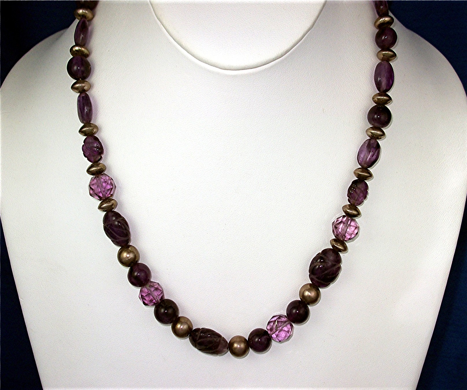 Necklace Carved Amethyst Sterling Silver Beads