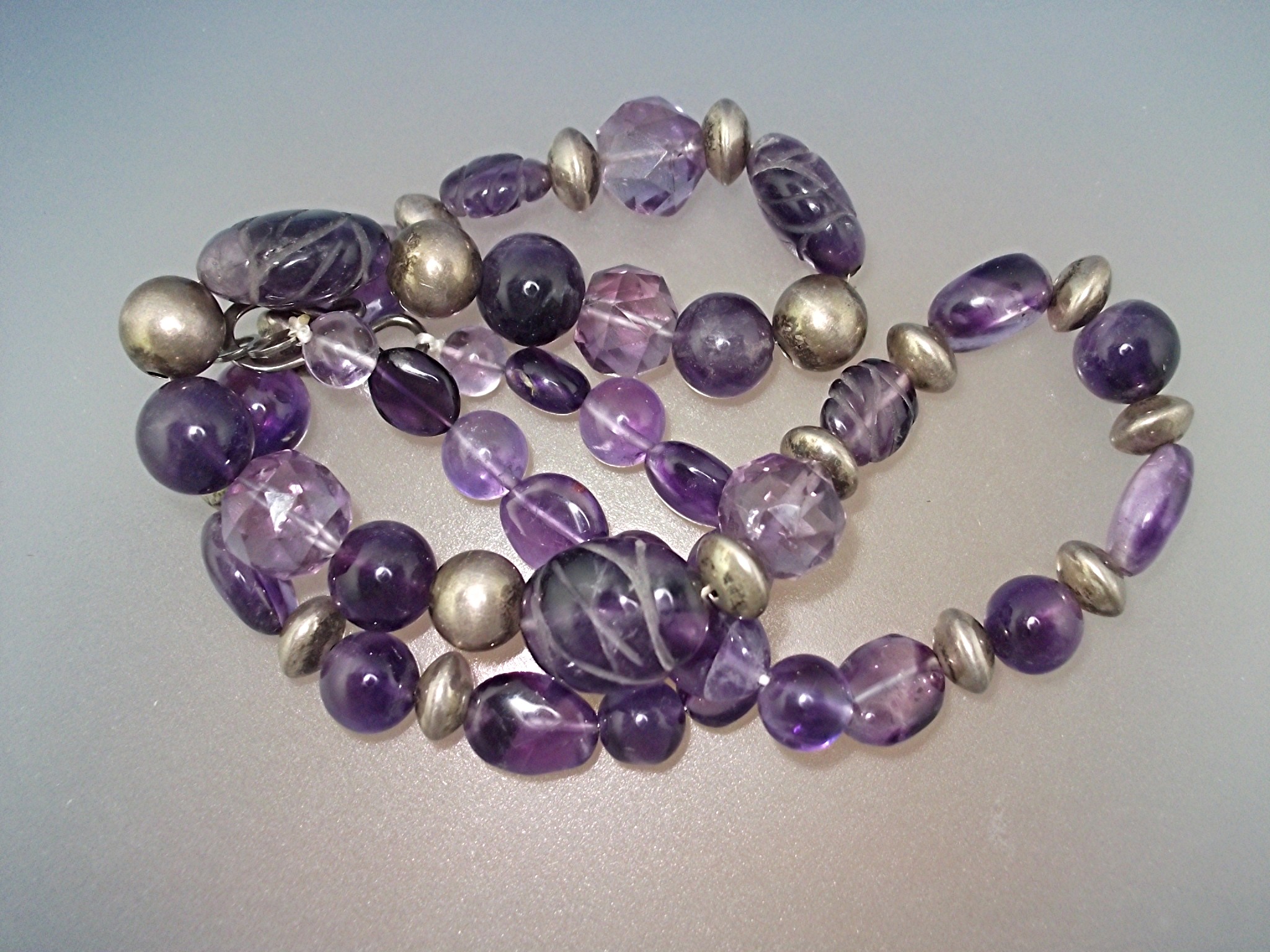 Necklace Carved Amethyst Sterling Silver Beads