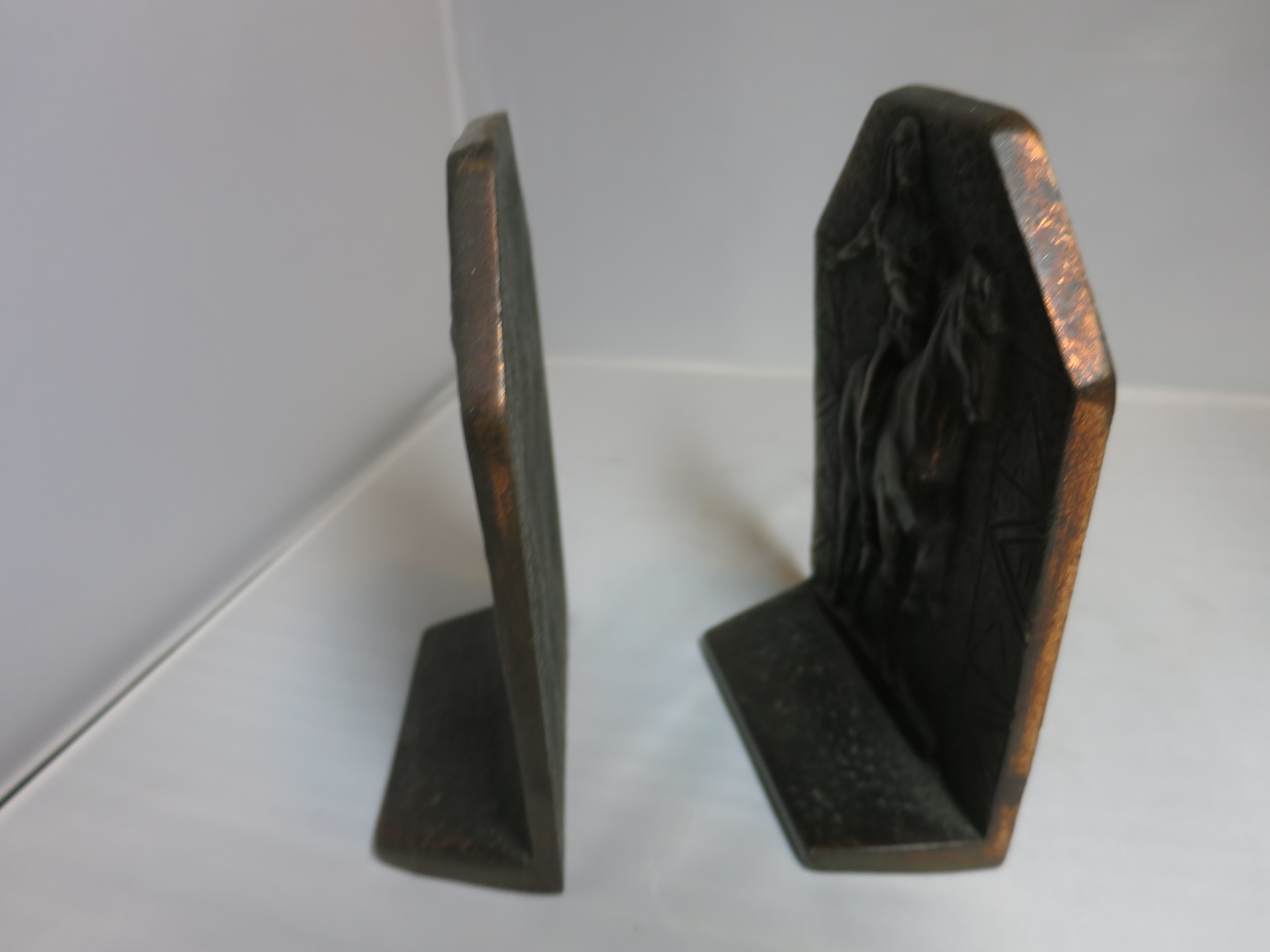 Copper Bronzed Indian Bookends Sun Worship on Horse signed CT