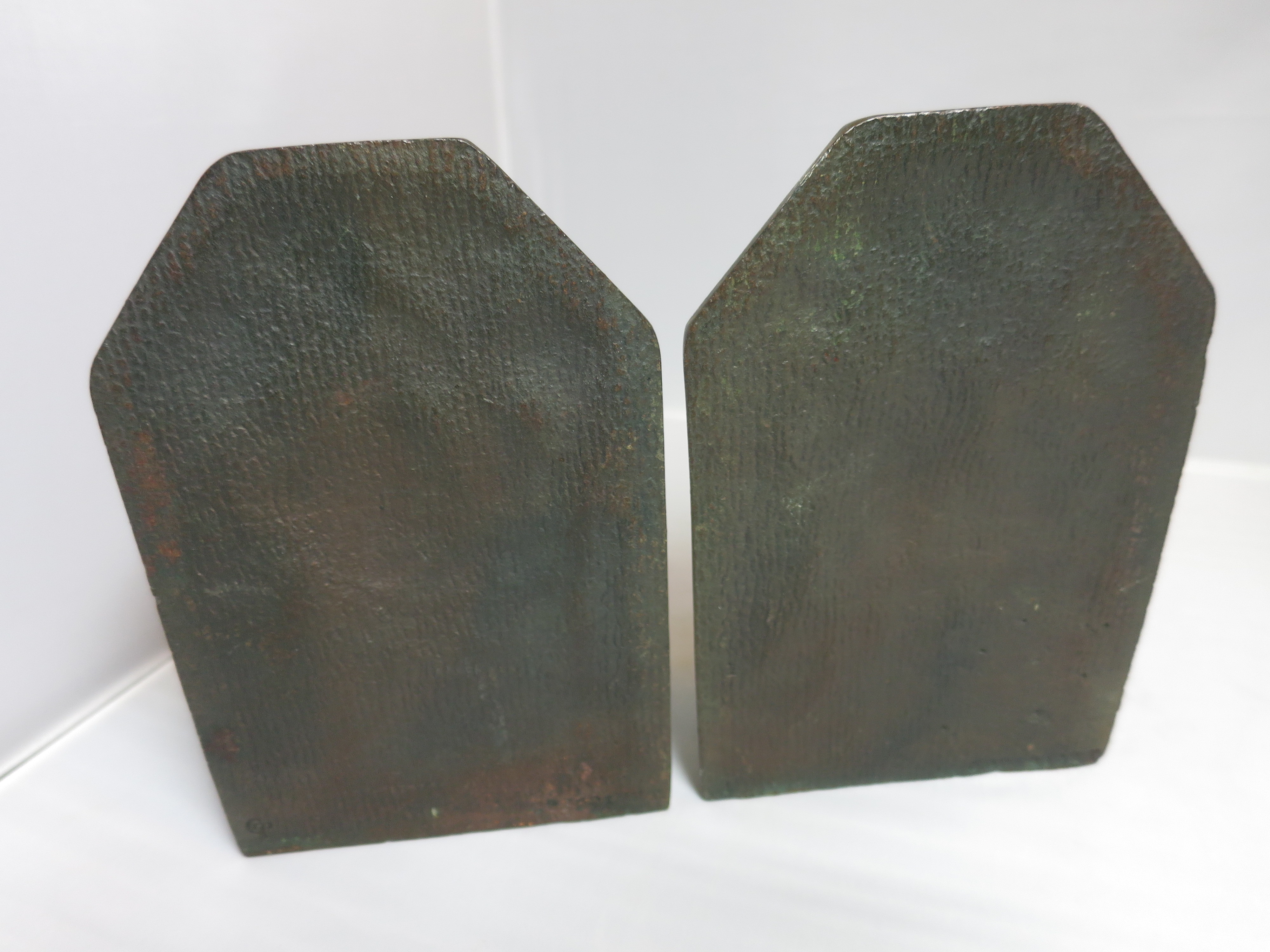 Copper Bronzed Indian Bookends Sun Worship on Horse signed CT