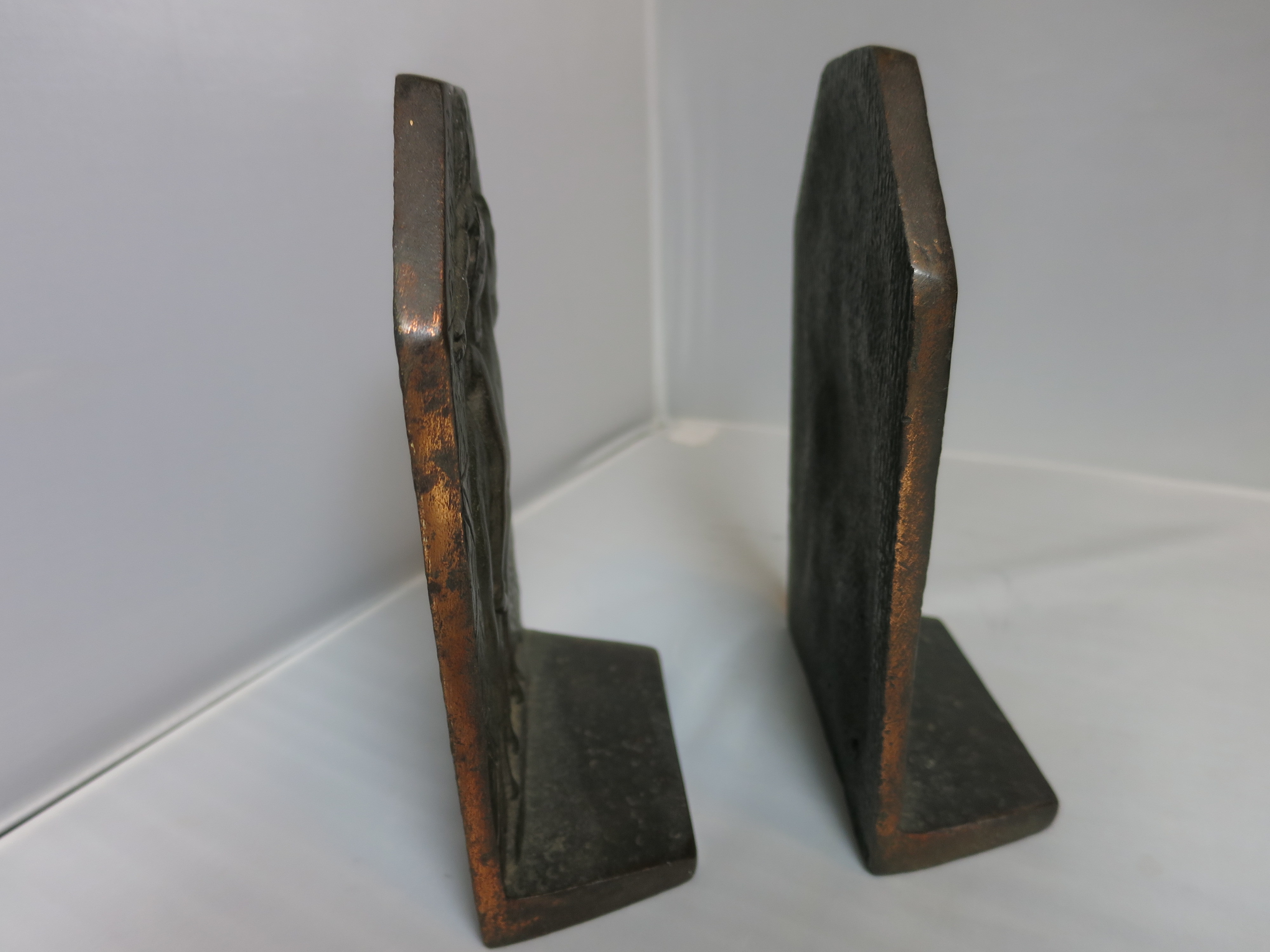 Copper Bronzed Indian Bookends Sun Worship on Horse signed CT