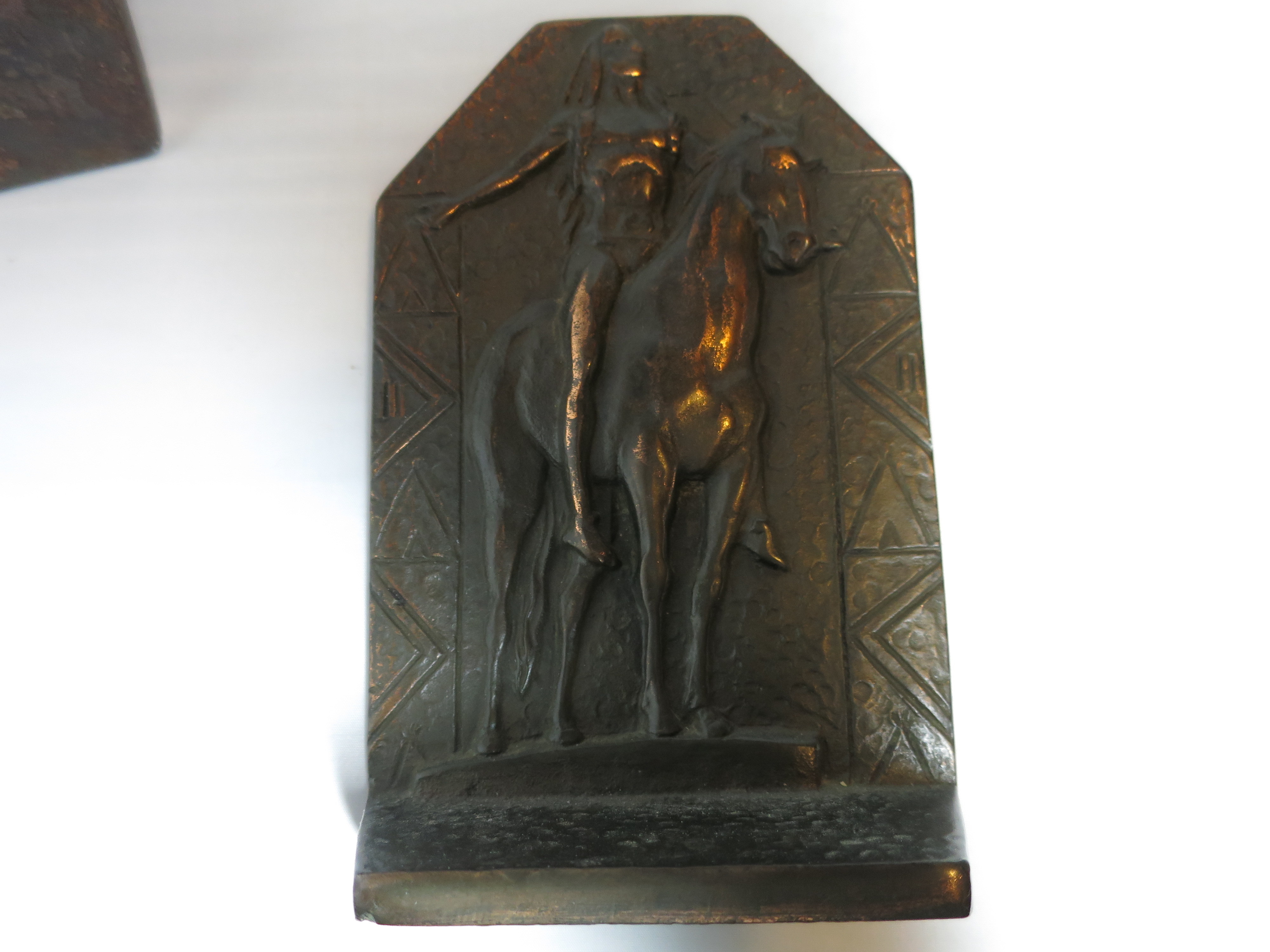 Copper Bronzed Indian Bookends Sun Worship on Horse signed CT