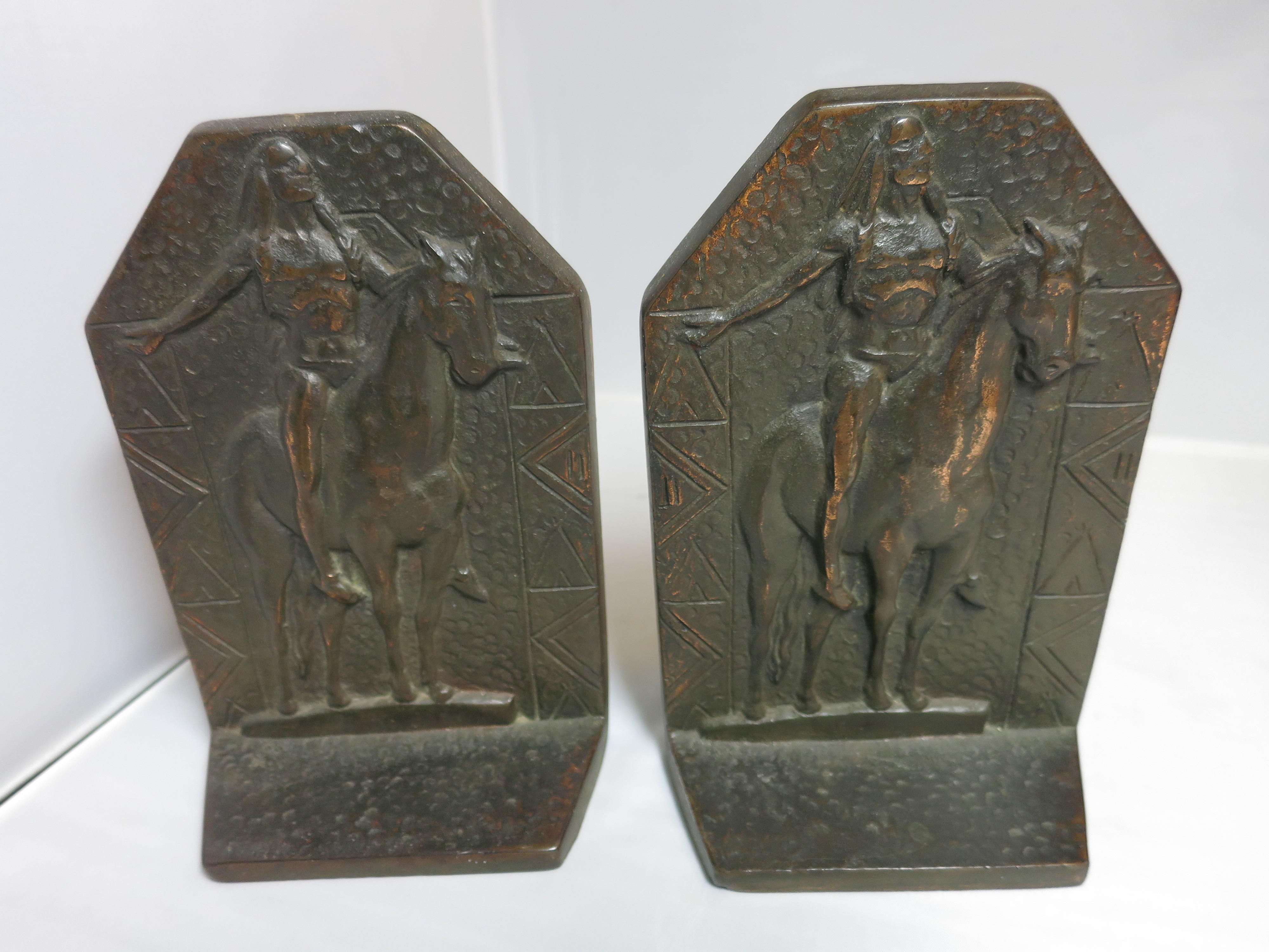Copper Bronzed Indian Bookends Sun Worship on Horse signed CT