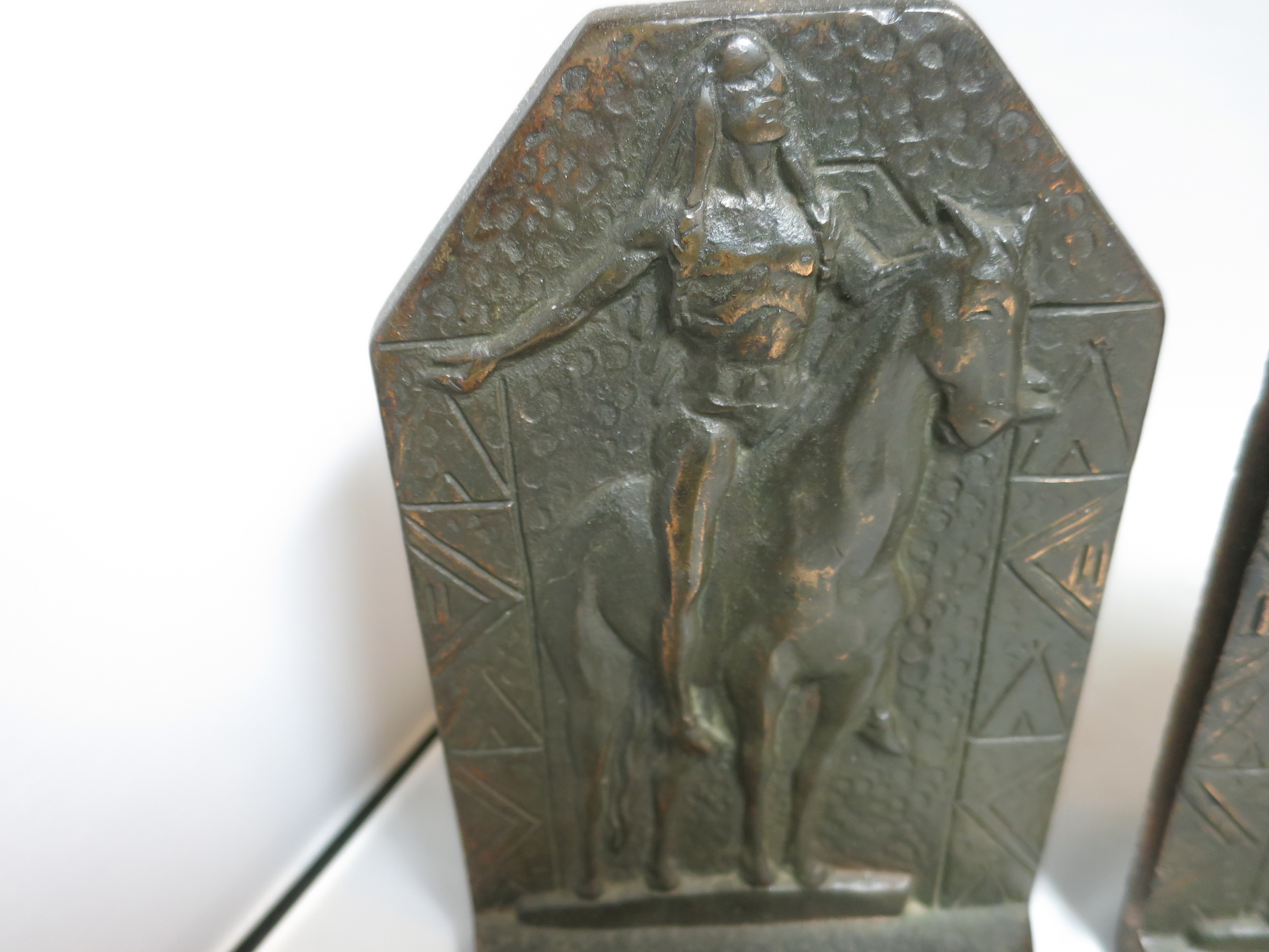 Copper Bronzed Indian Bookends Sun Worship on Horse signed CT