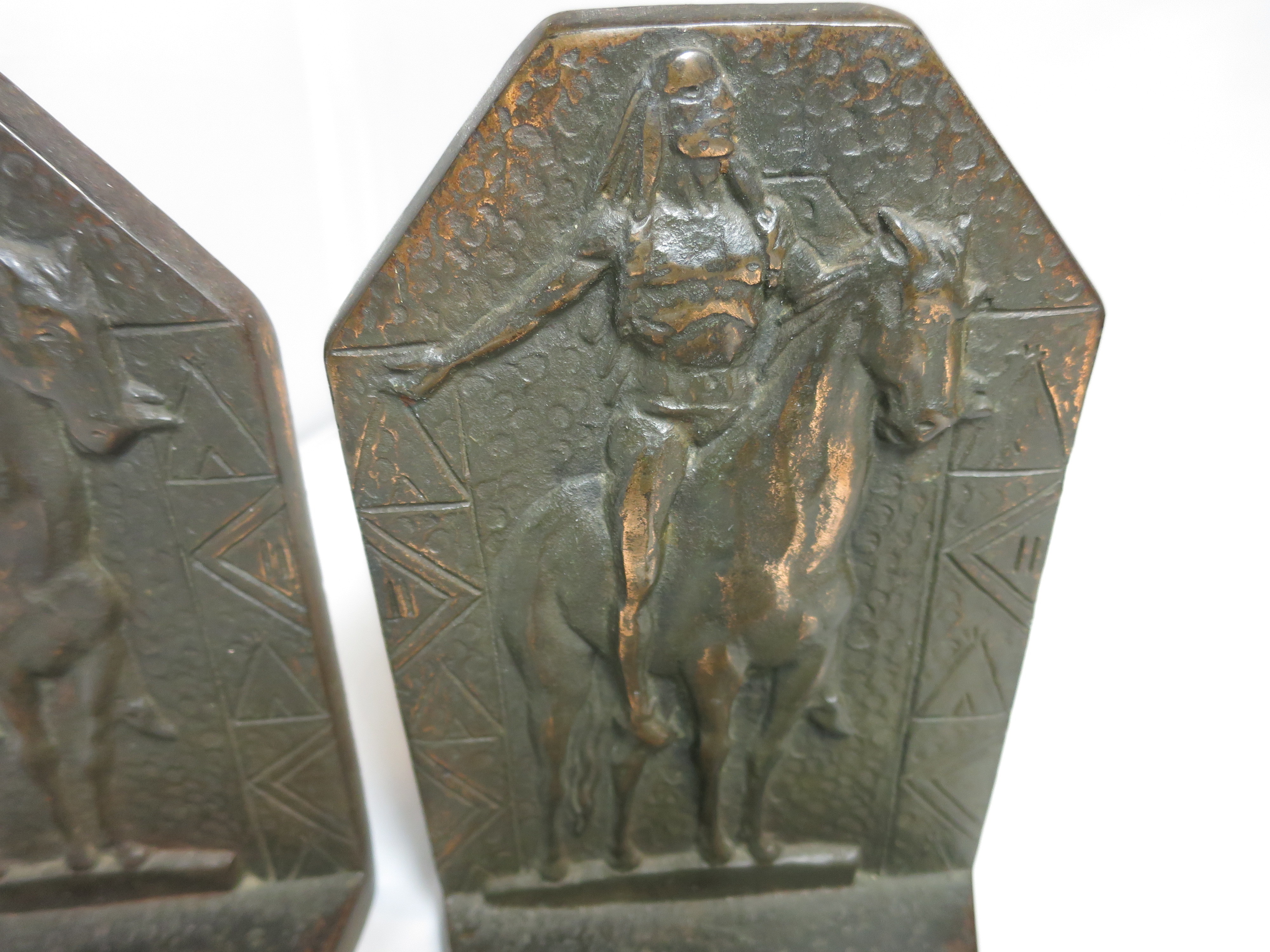 Copper Bronzed Indian Bookends Sun Worship on Horse signed CT