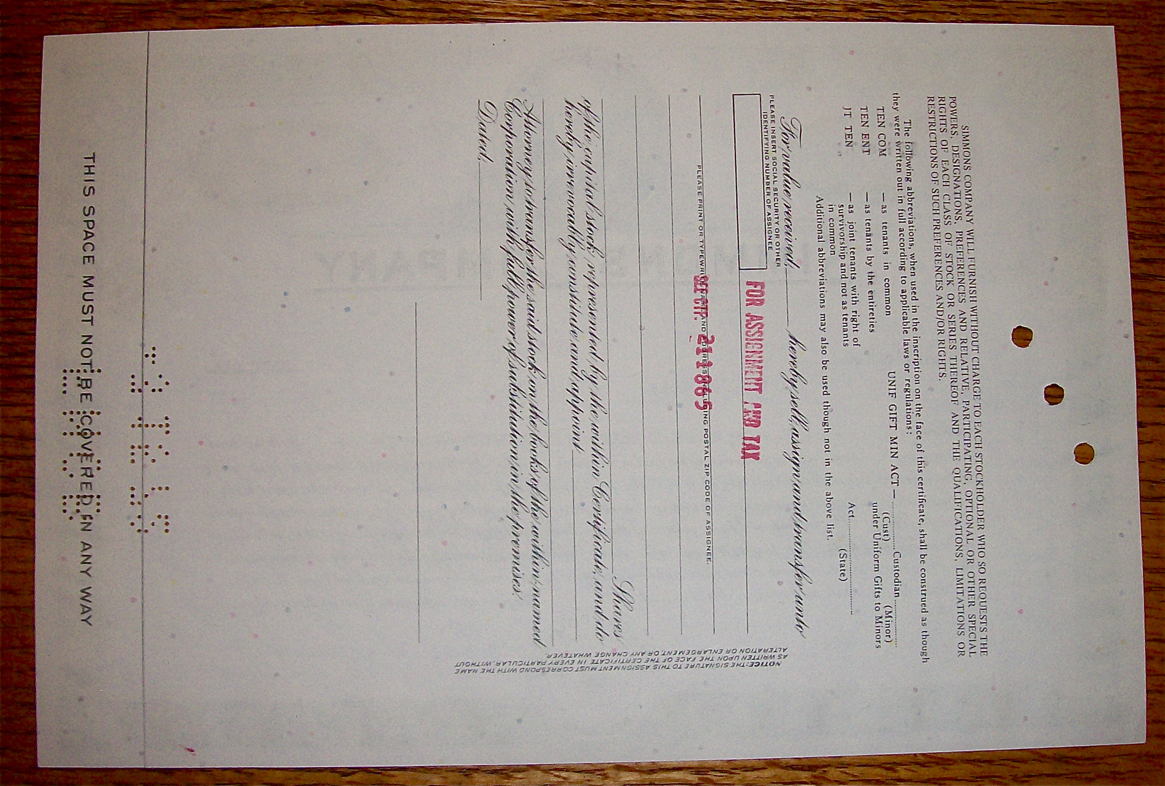 1971 Simmons Company Stock Certificate