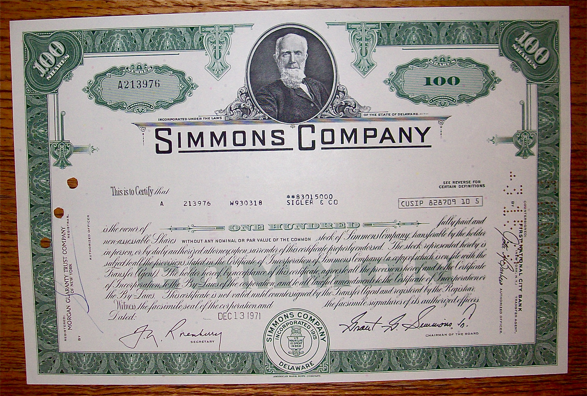 1971 Simmons Company Stock Certificate
