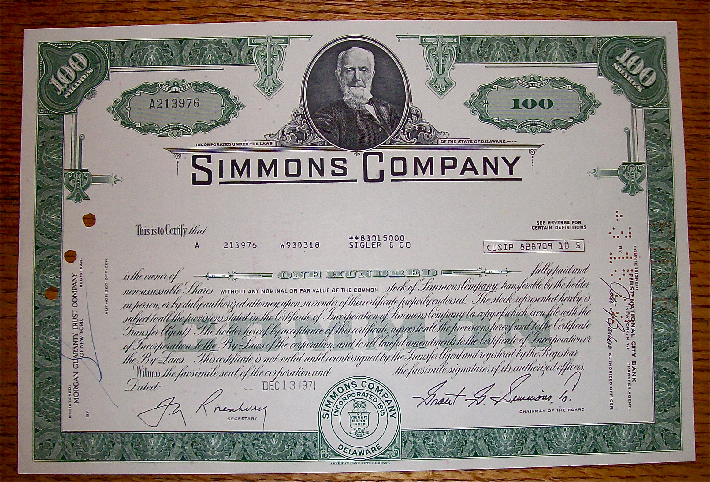 1971 Simmons Company Stock Certificate