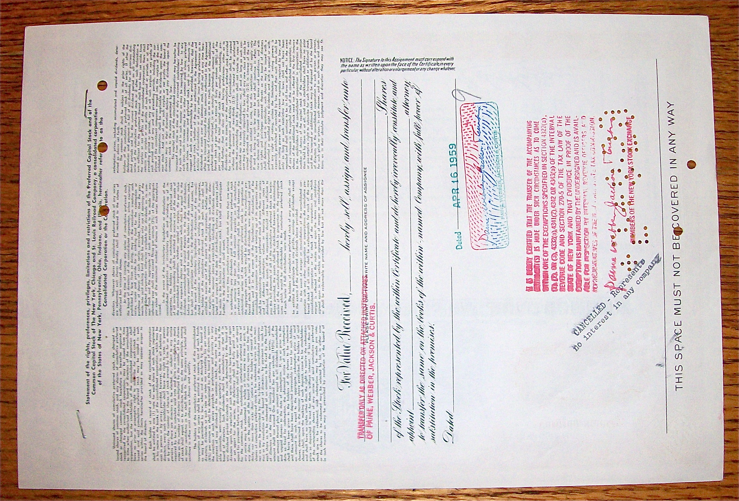 1959 New York, Chicago & St. Louis Railroad Co Stock