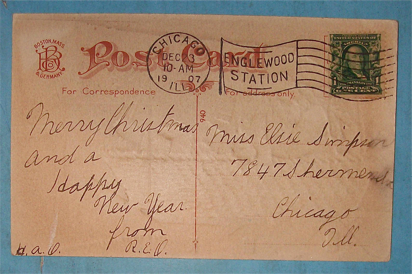 1907 A Merry Christmas Postcard with Santa In Balloon