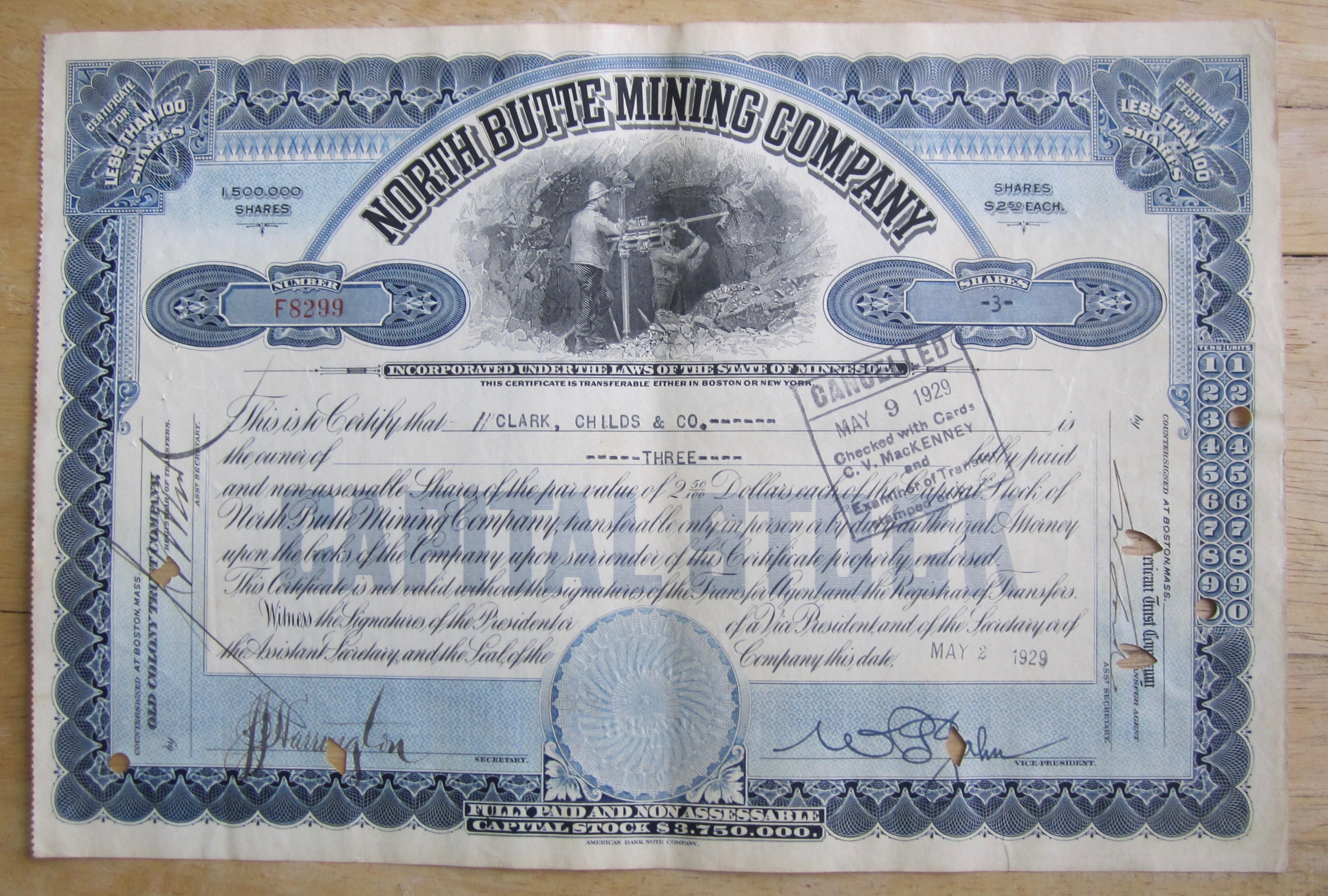 1929 North Butte Mining Company Stock Certificate