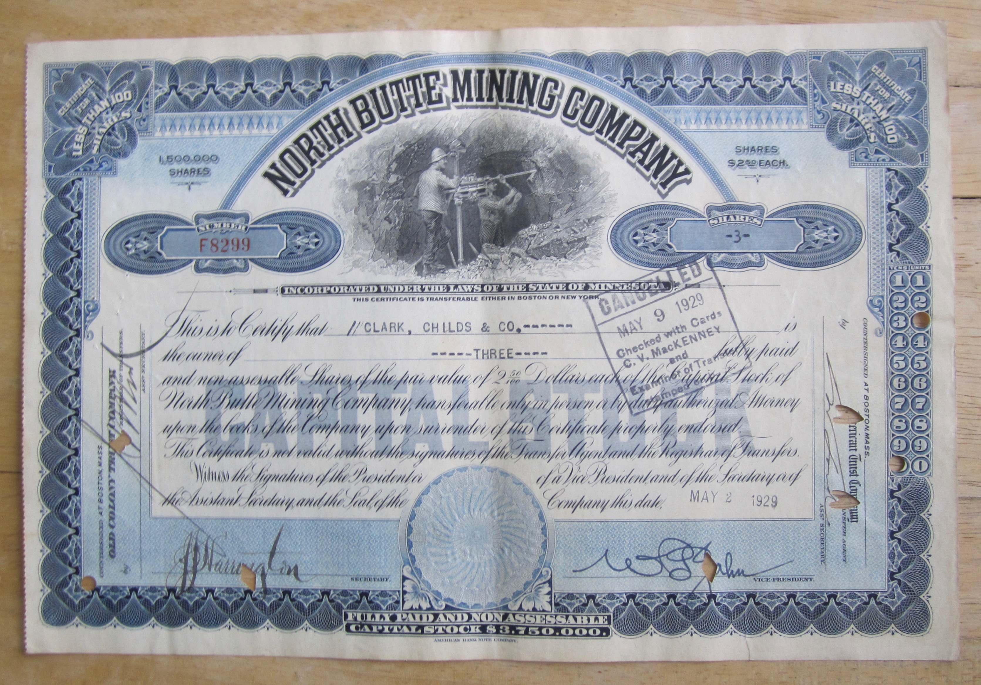1929 North Butte Mining Company Stock Certificate