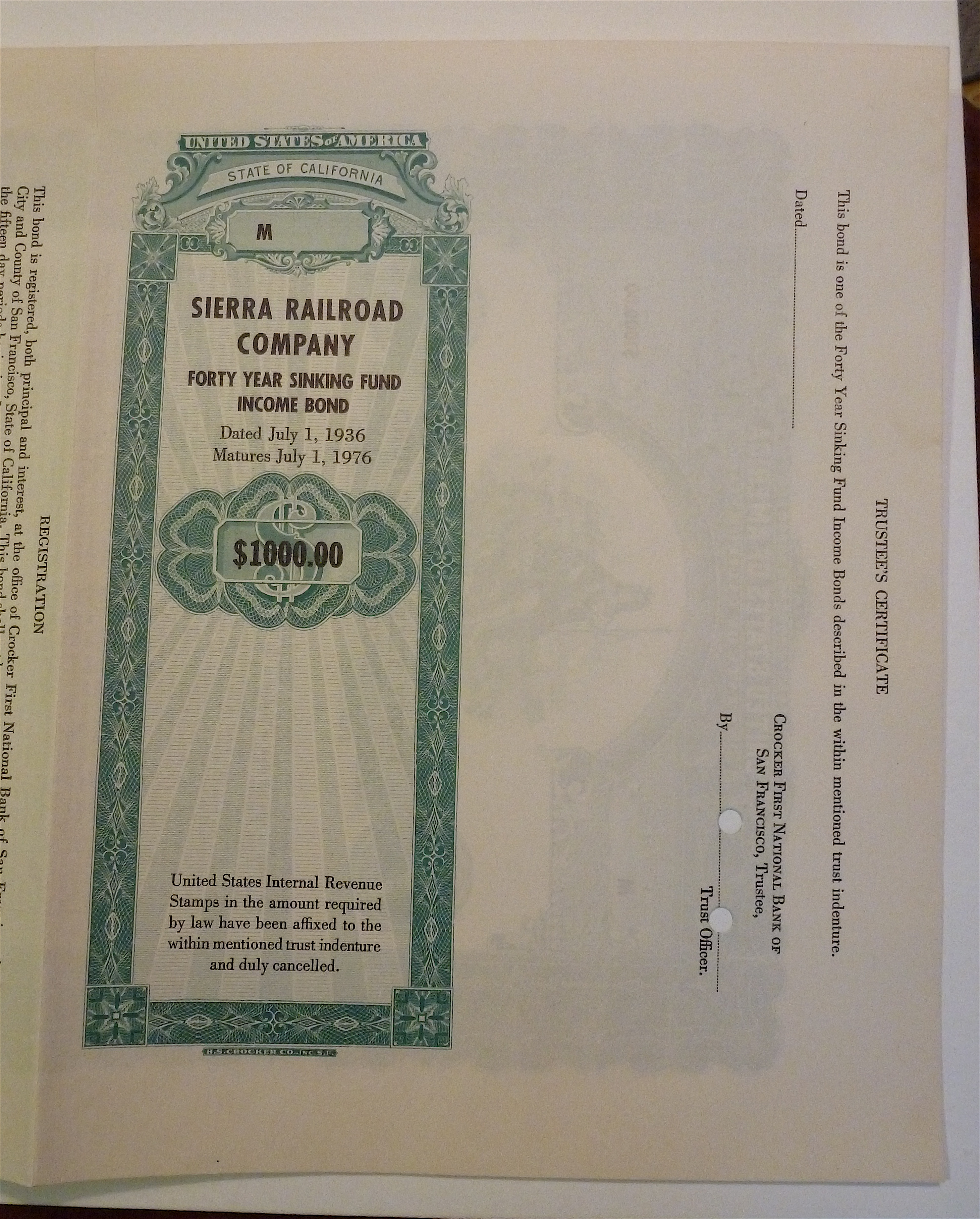Sierra Railroad Company Stock Certificate