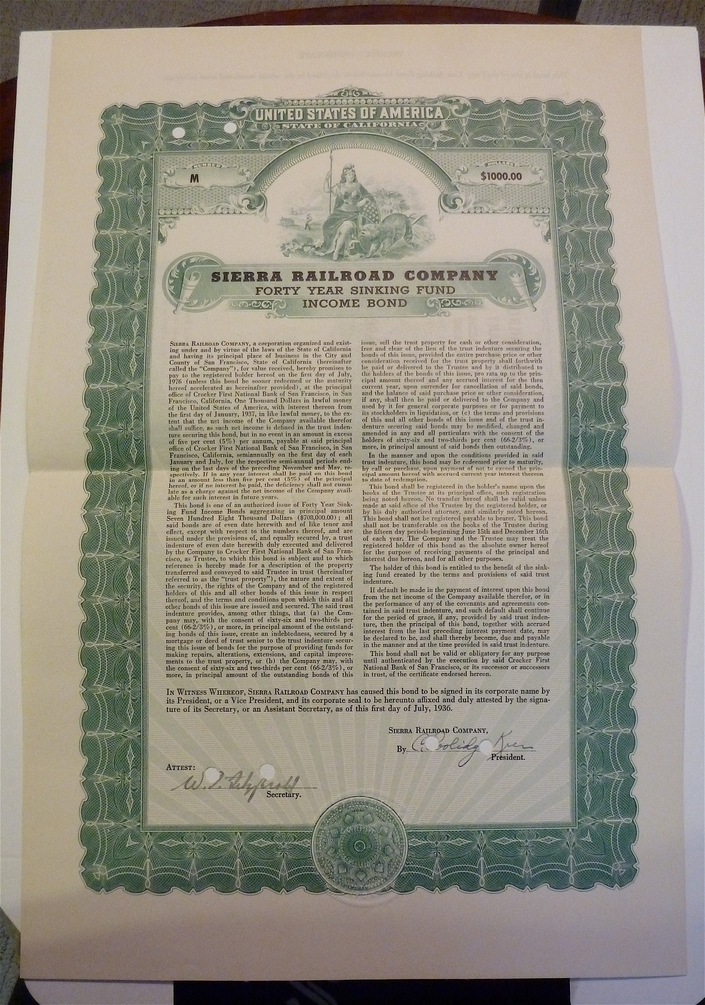 Sierra Railroad Company Stock Certificate