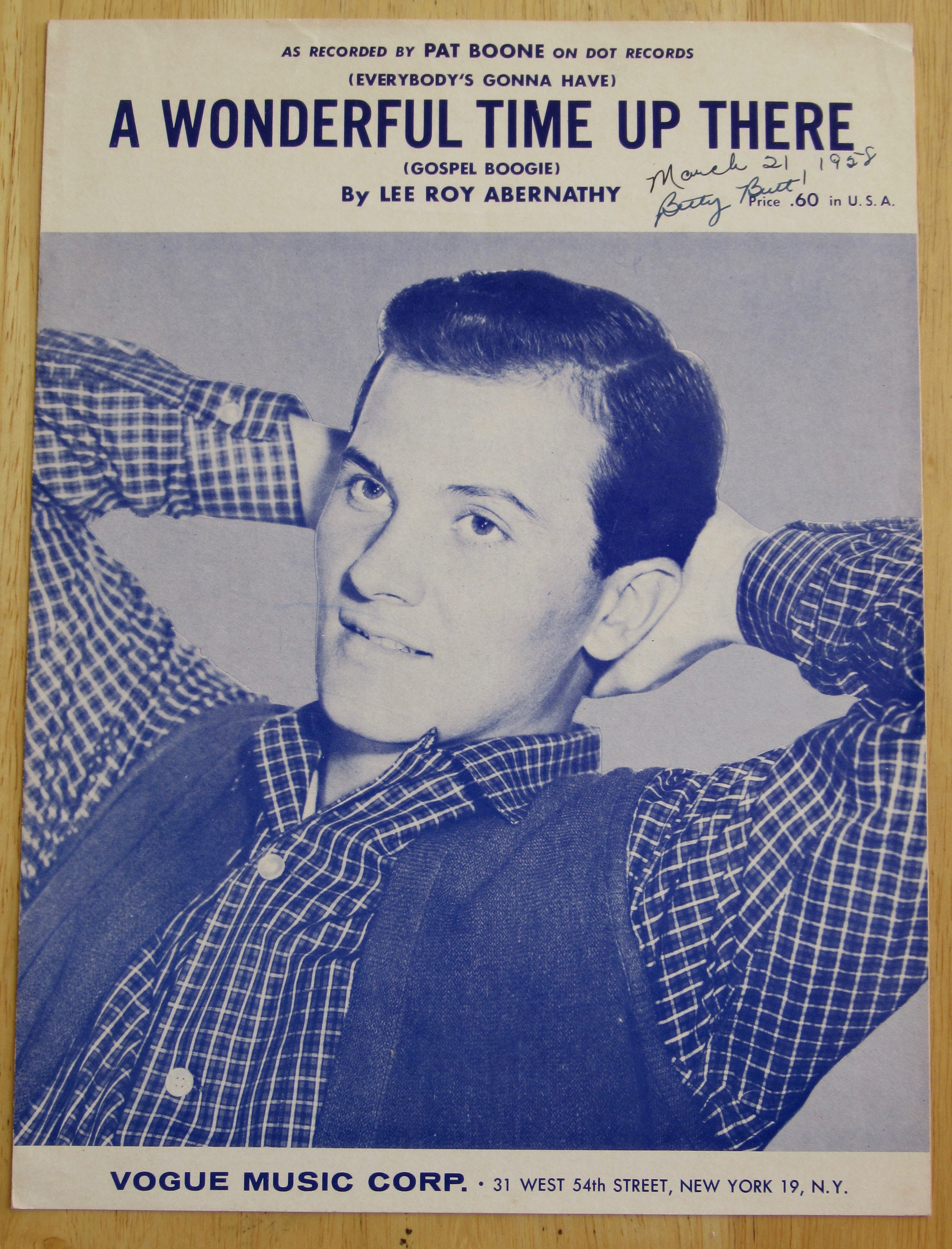 1947 A Wonderful Time Up There Sheet Music (Pat Boone)