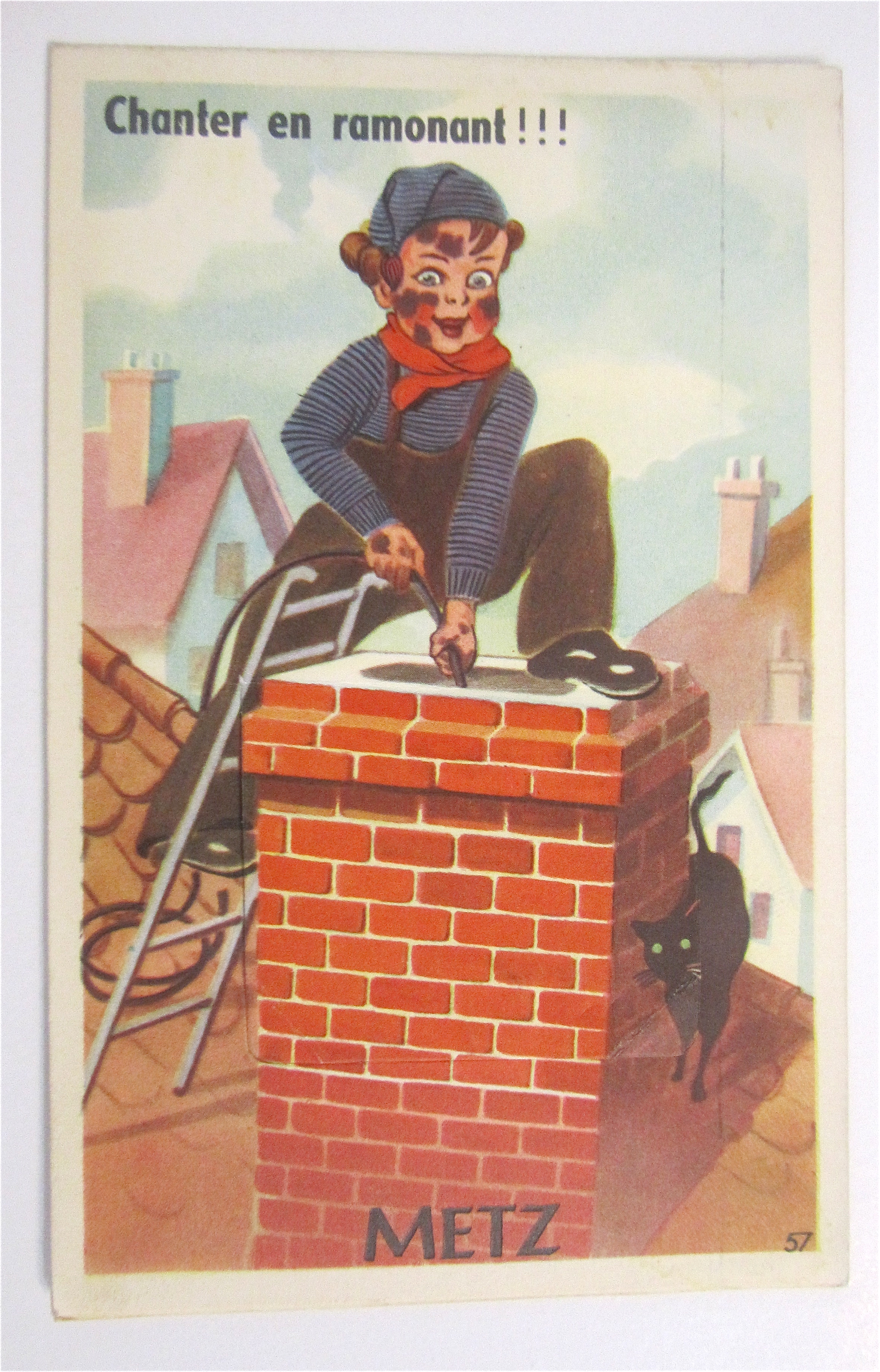 Boy Lowering Rope Down Chimney Postcard