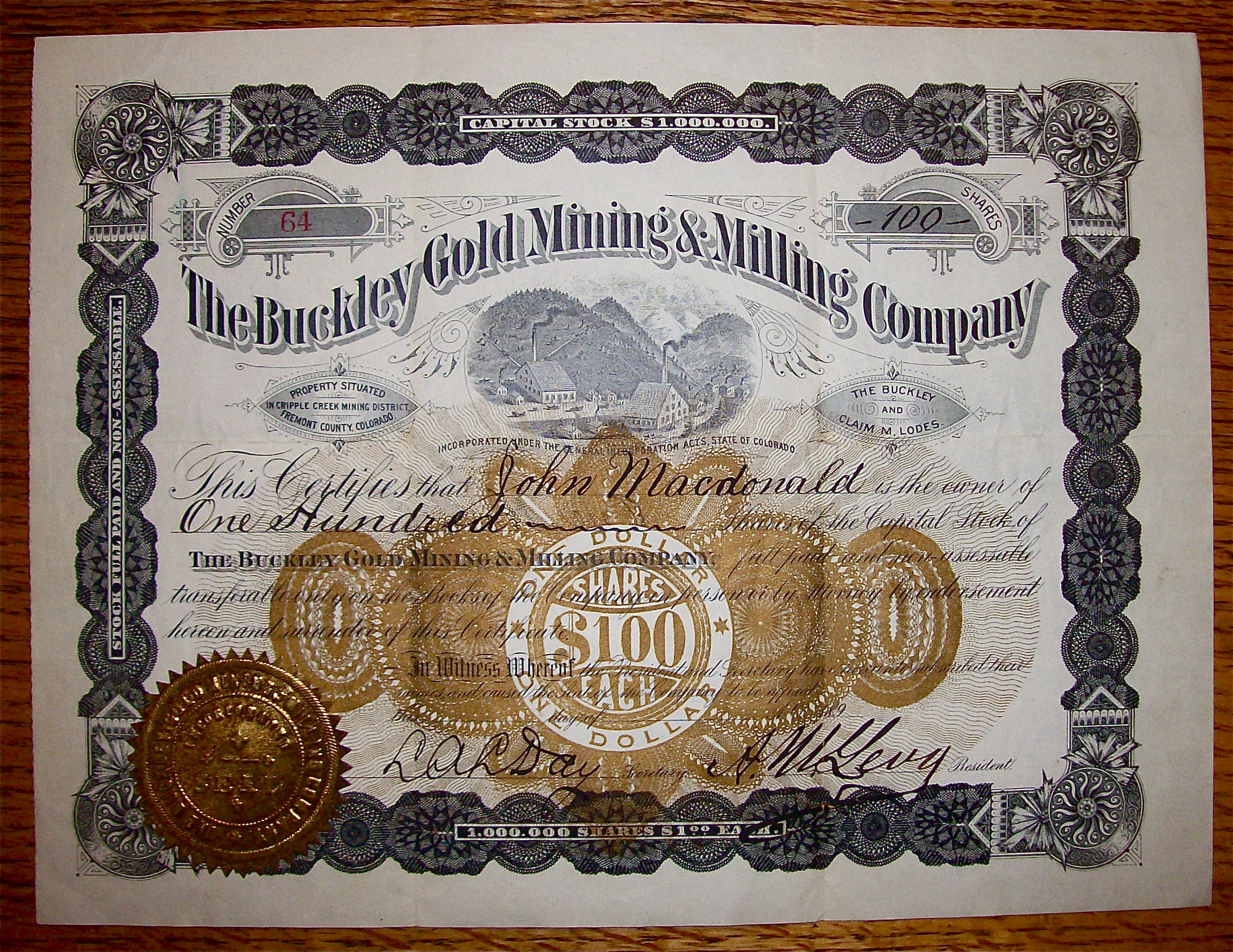 1890 Buckley Gold Mining & Milling Company Stock