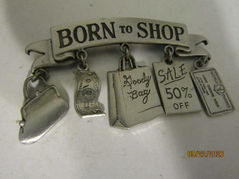 Vintage JJ Jonette Jewelry Pewter 'Born to Shop' Dangle Brooch Pin