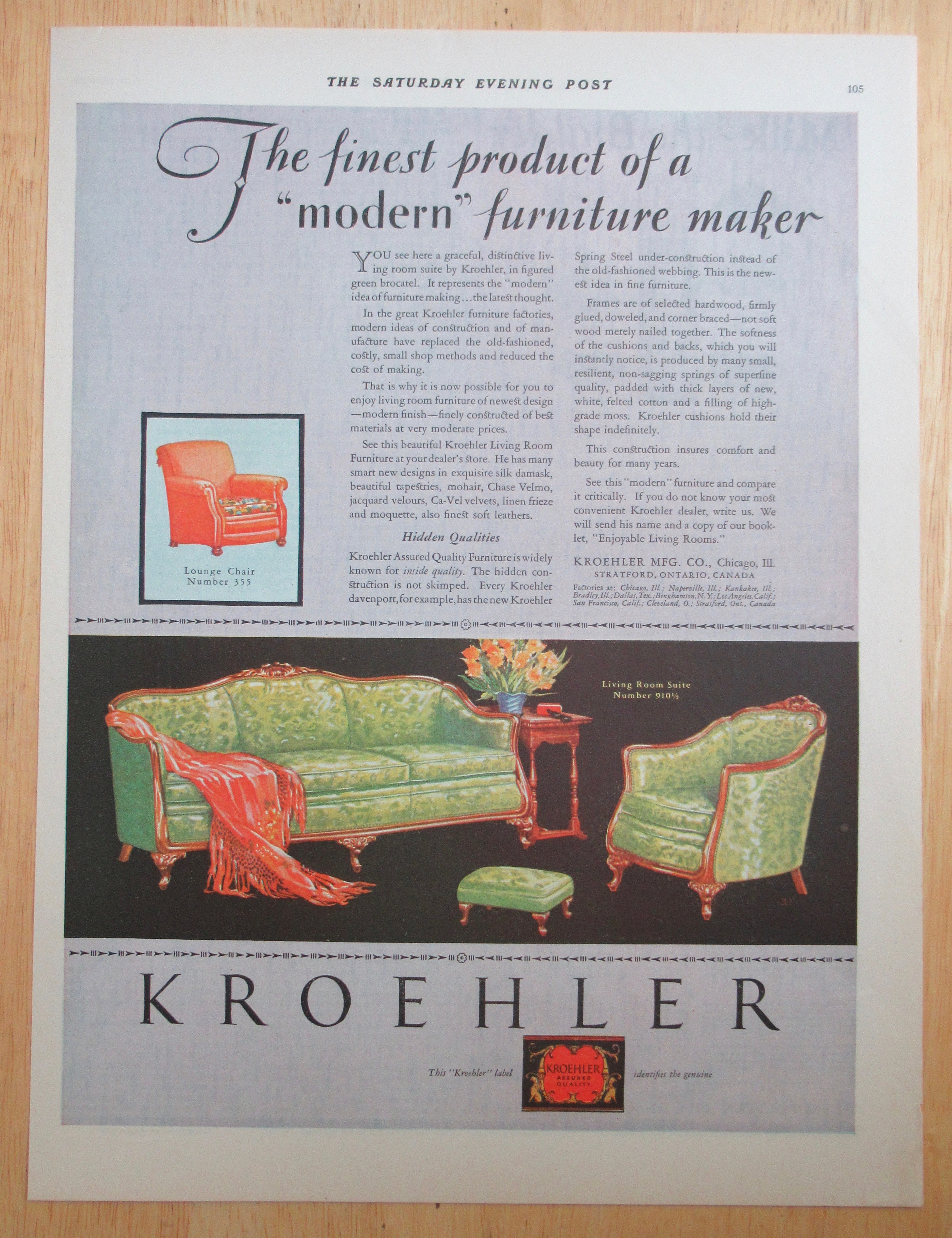 1928 Kroehler Furniture with Modern Furniture Maker