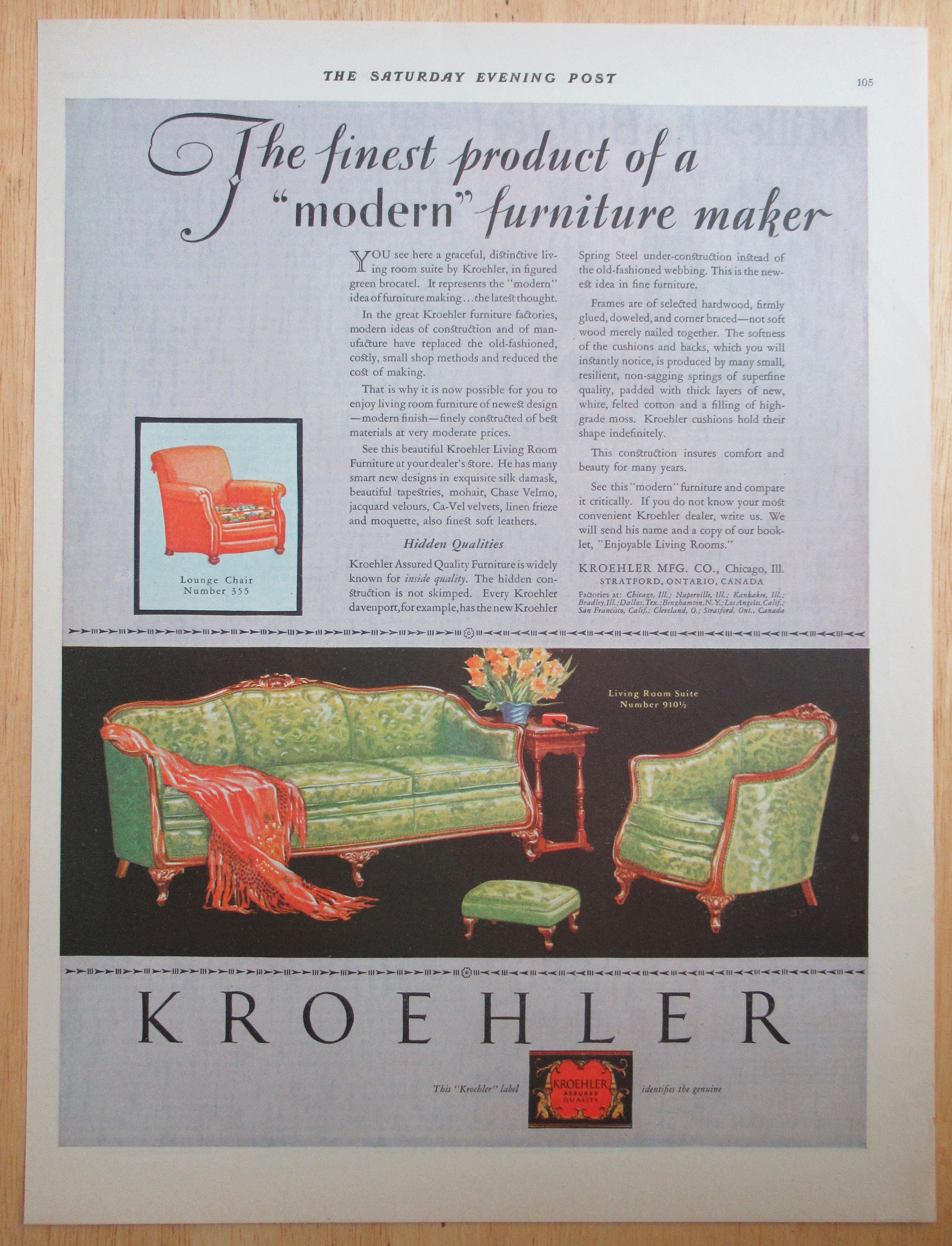 1928 Kroehler Furniture with Modern Furniture Maker