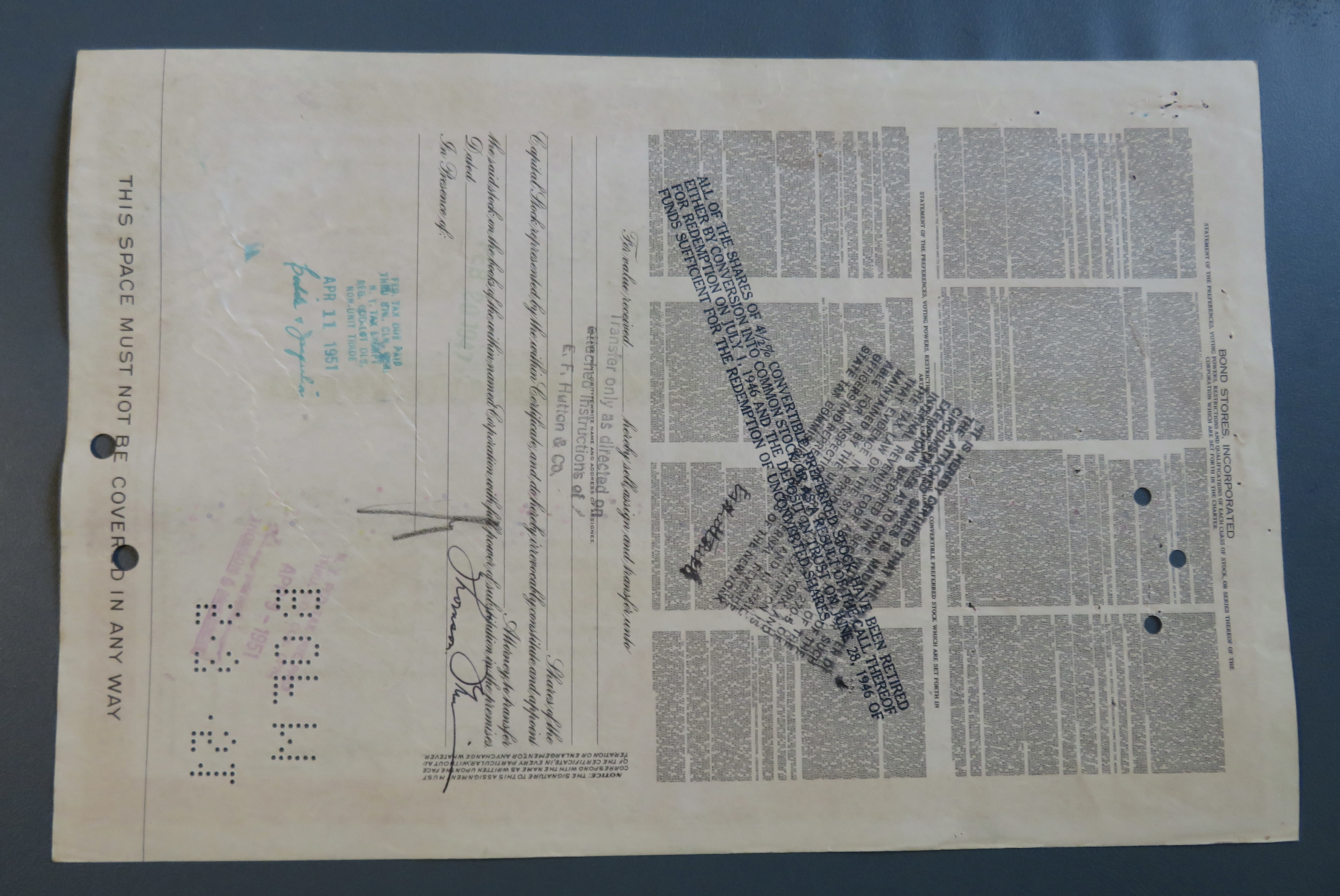 1947 Bond Stores, Incorporated Stock Certificate