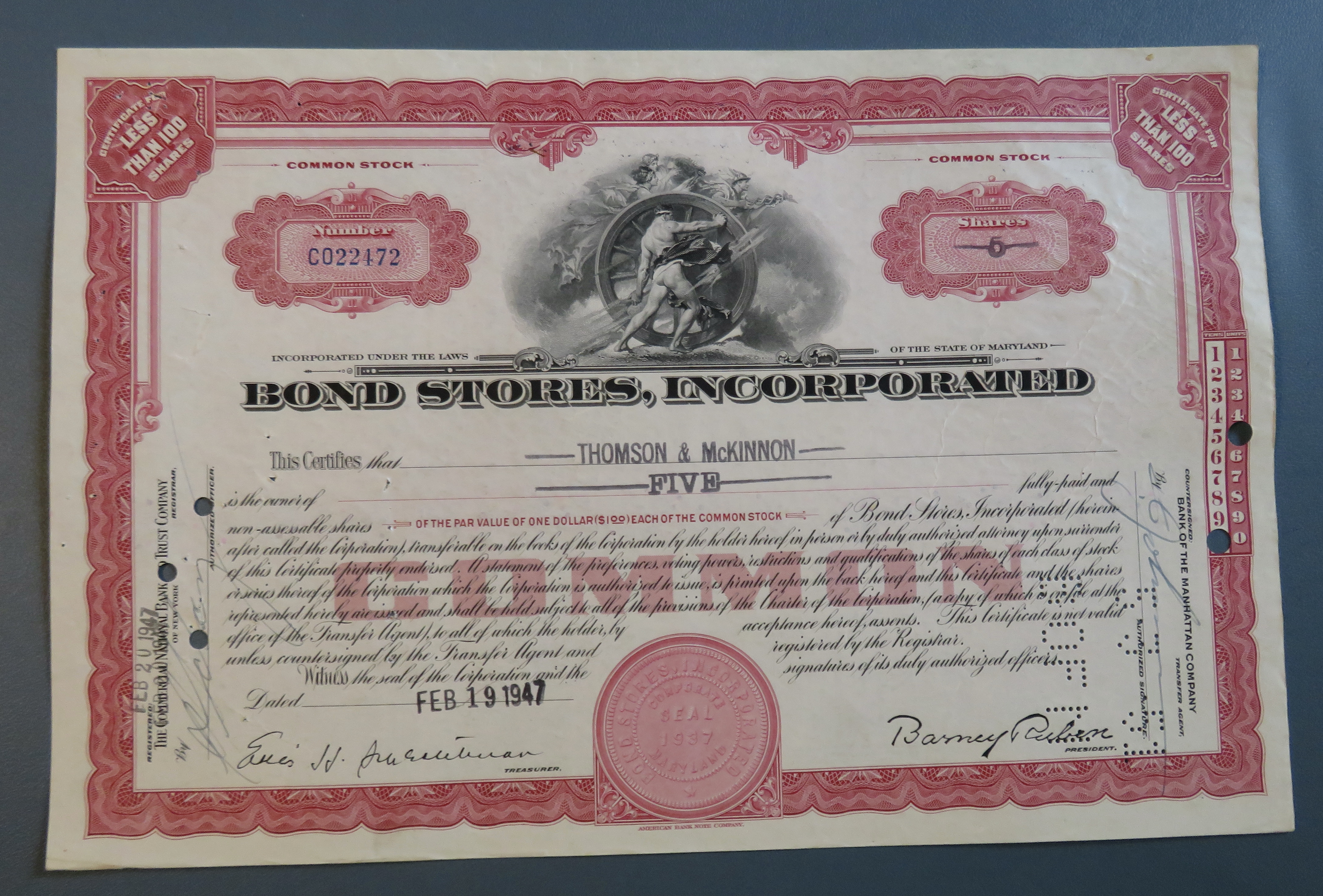 1947 Bond Stores, Incorporated Stock Certificate