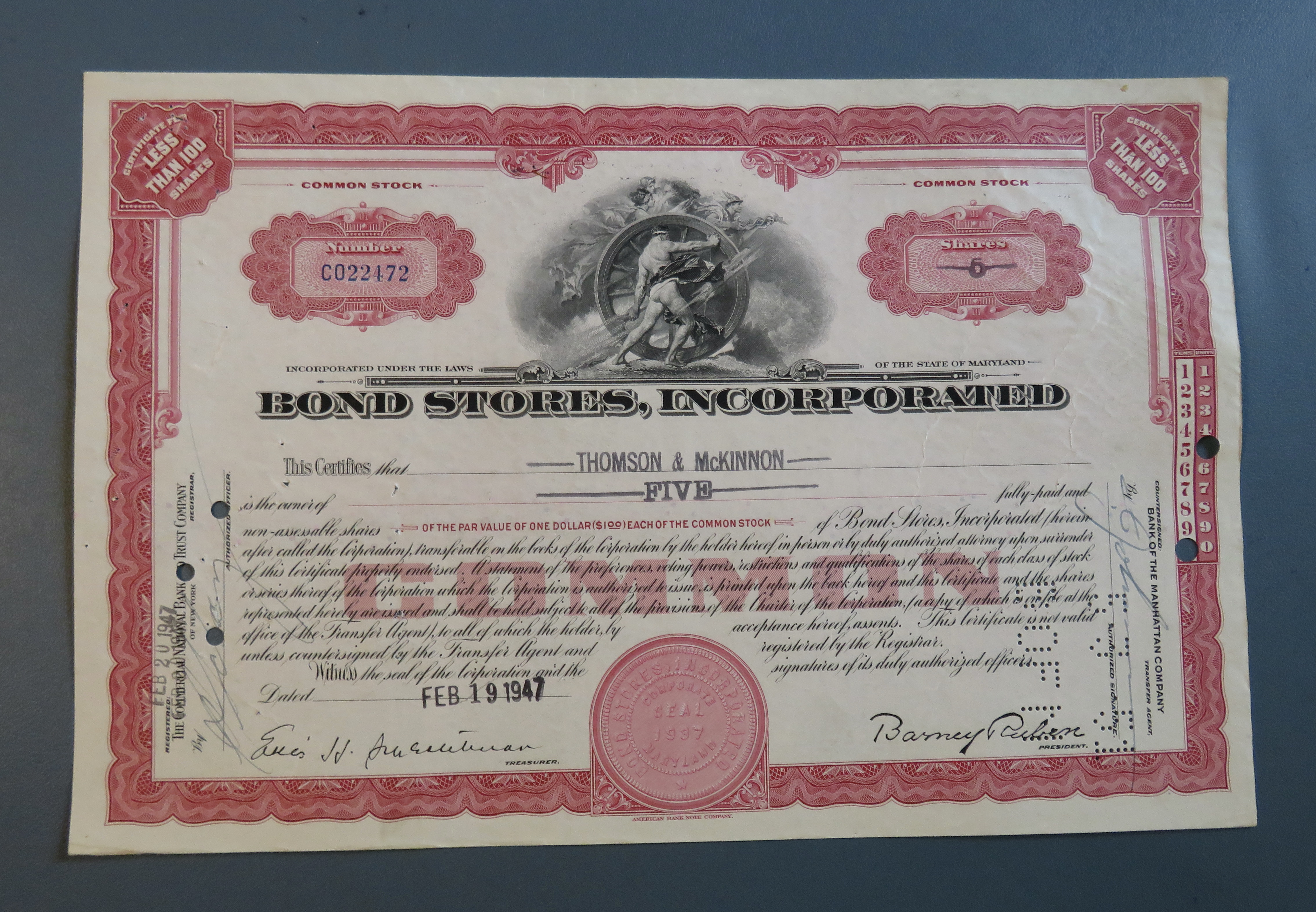 1947 Bond Stores, Incorporated Stock Certificate