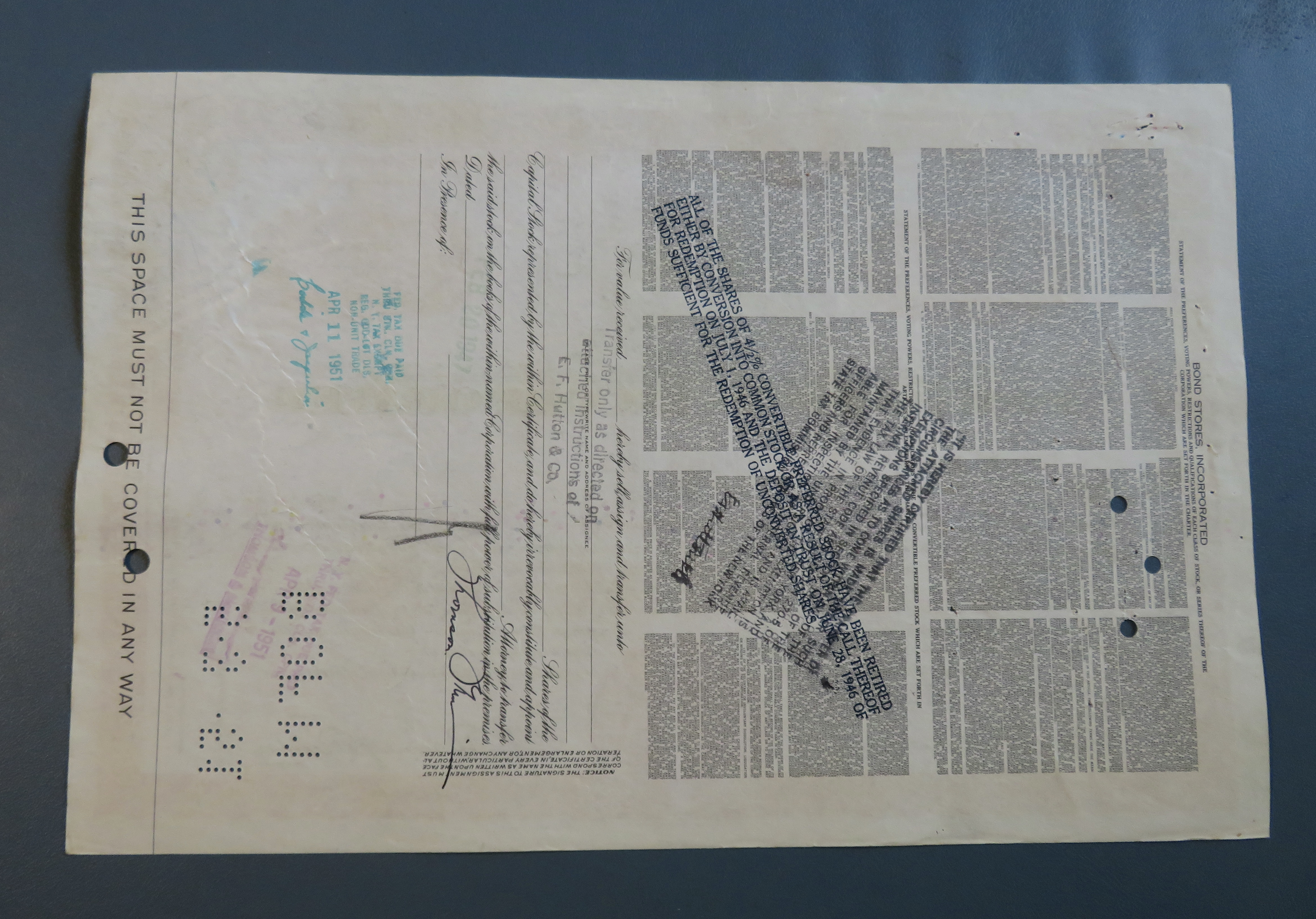 1947 Bond Stores, Incorporated Stock Certificate