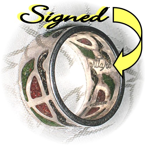 Signed Sterling Silver Coral & Turquoise Ring