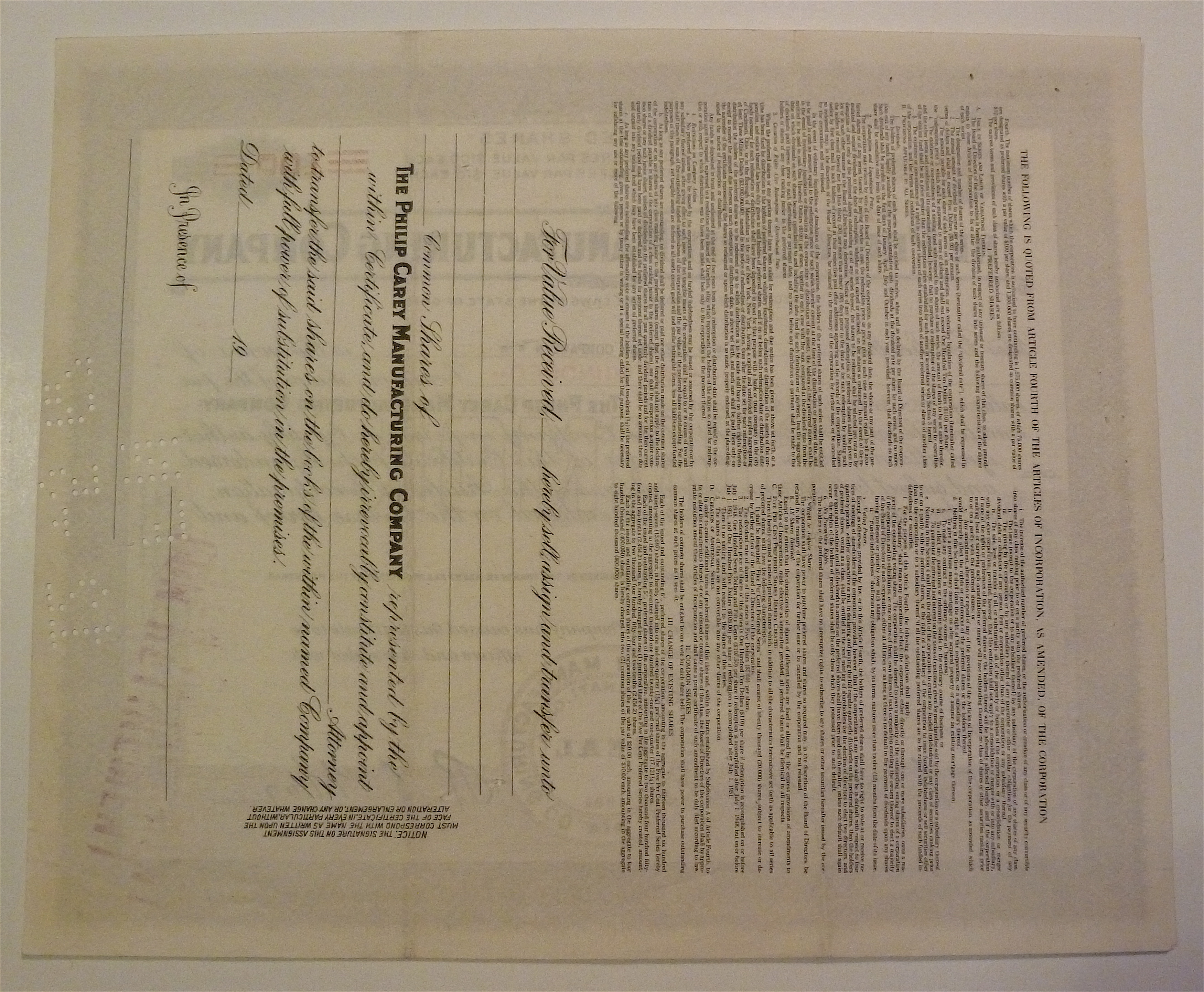 1949 Philip Carey Manufacturing Co Stock Certificate