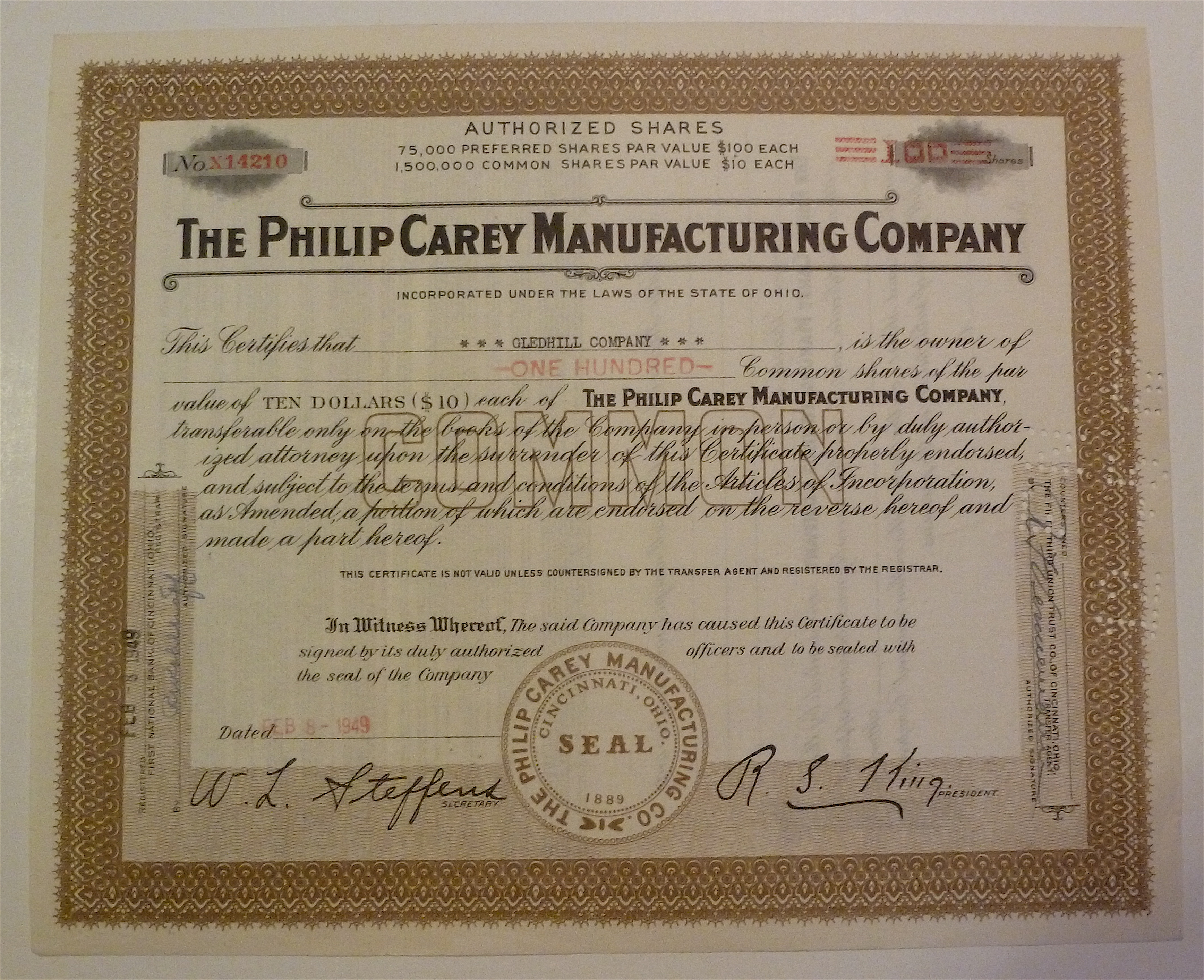 1949 Philip Carey Manufacturing Co Stock Certificate
