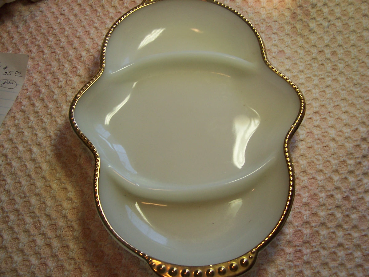 Fire King Divided Dish white with gold trim