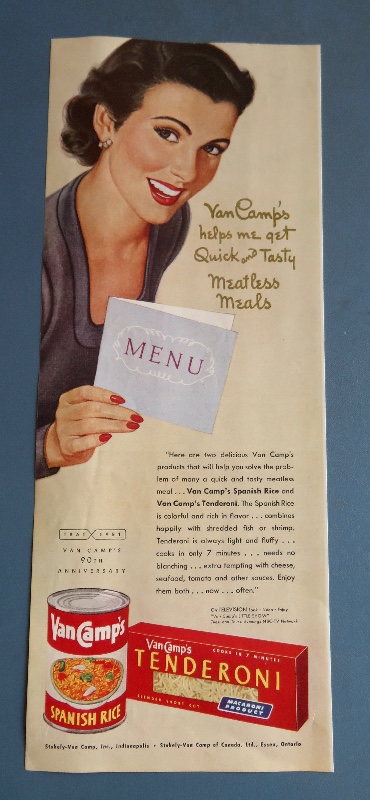 1951 Van Camp's Spanish Rice & Tenderoni with Woman Holding a Menu
