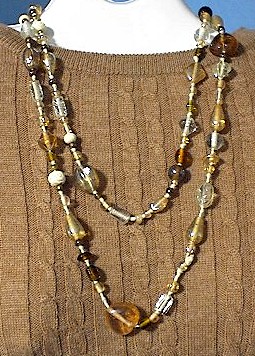 Amber Grey Clear Glass Hearts Bead Necklace 48 Inch.