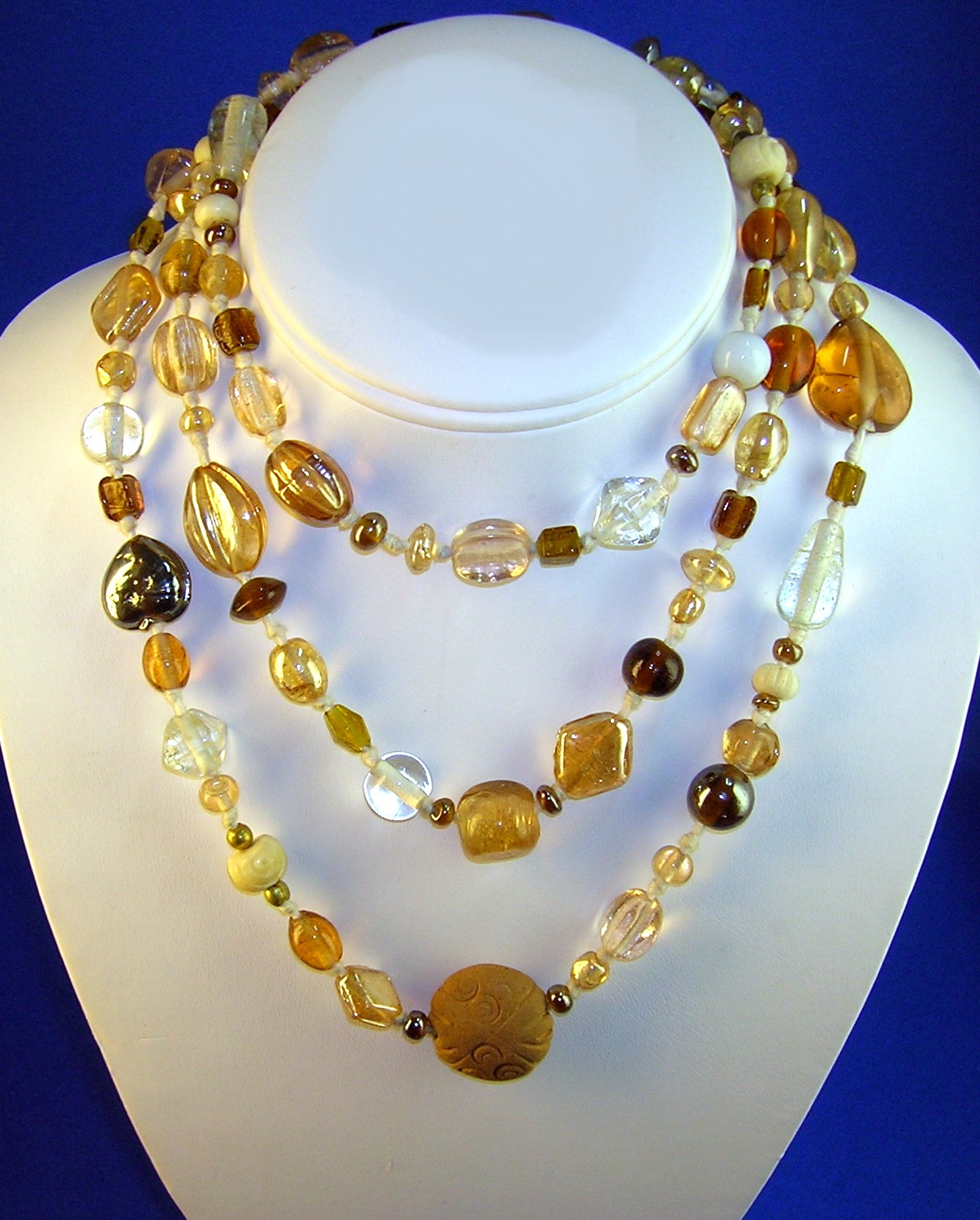 Amber Grey Clear Glass Hearts Bead Necklace 48 Inch.
