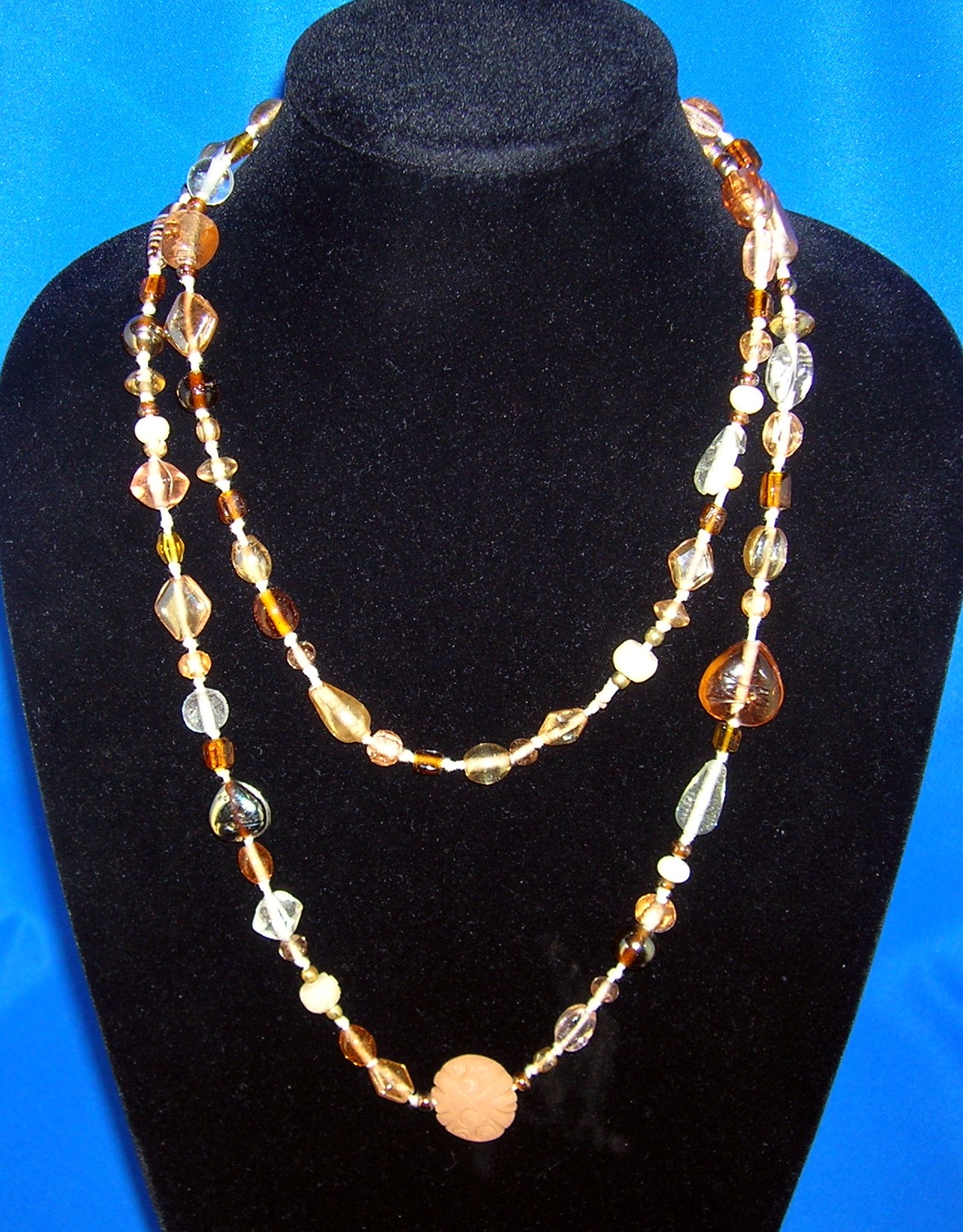 Amber Grey Clear Glass Hearts Bead Necklace 48 Inch.
