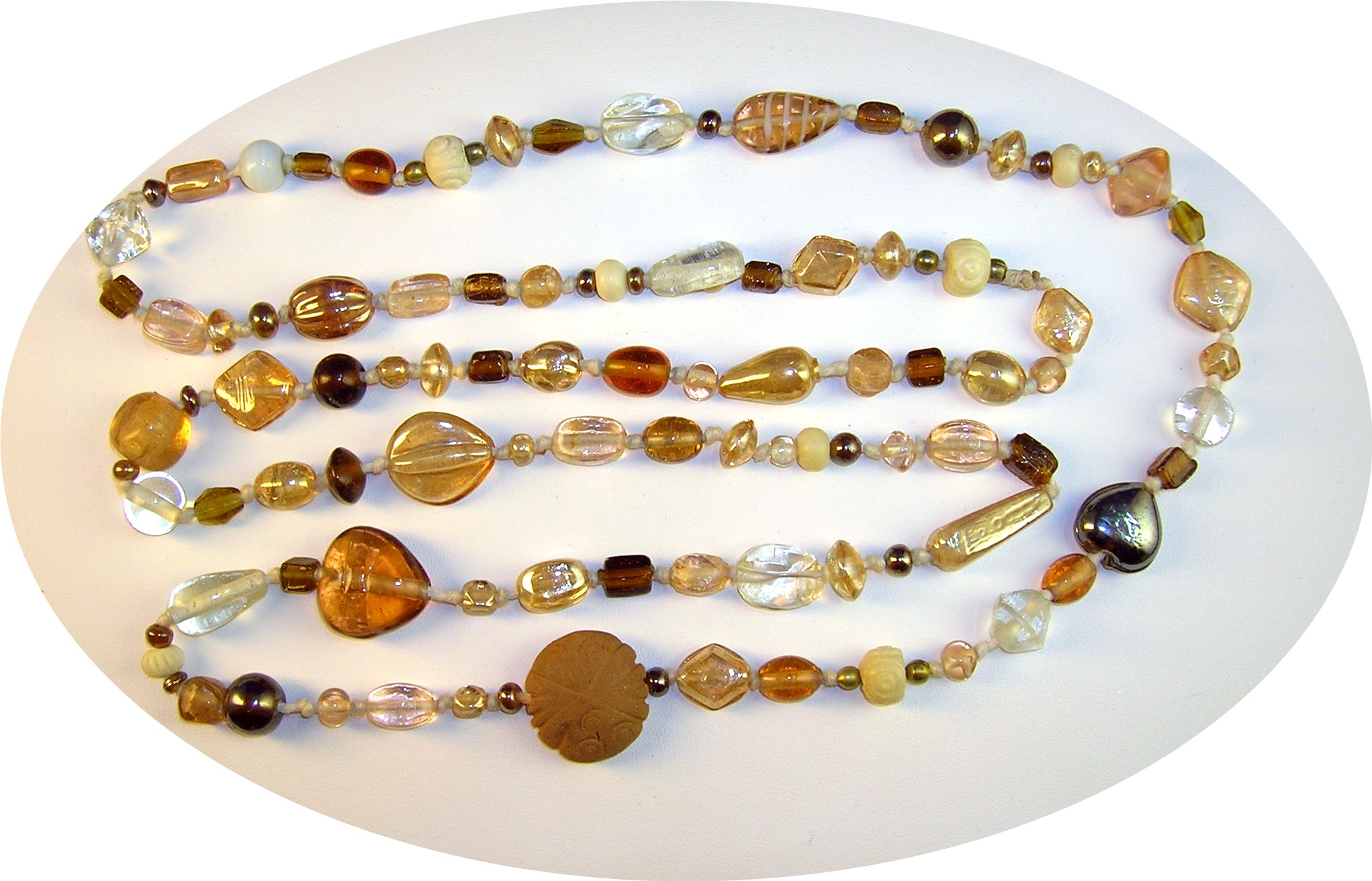 Amber Grey Clear Glass Hearts Bead Necklace 48 Inch.