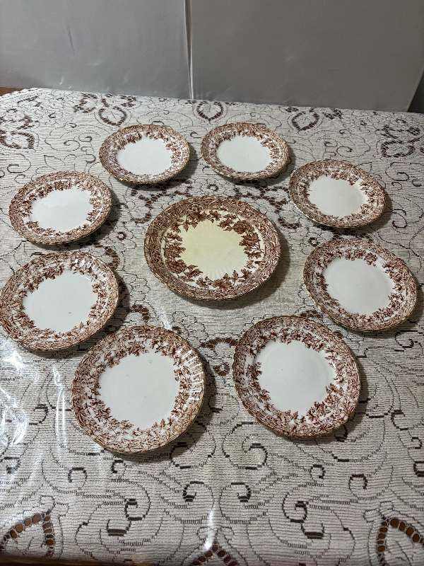 Victorian Brown Transferware Cake and Pastry Serving Set 9pc Cake Platter and 8 Cake Plates 7" Chrysanthemums (mums)