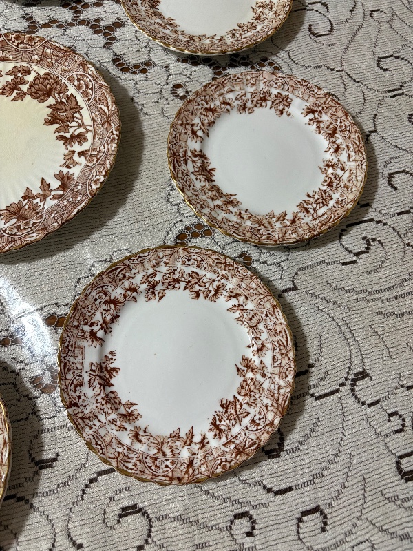 Victorian Brown Transferware Cake and Pastry Serving Set 9pc Cake Platter and 8 Cake Plates 7" Chrysanthemums (mums)
