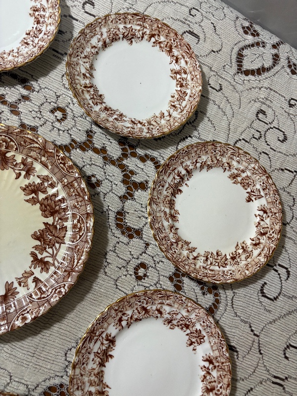 Victorian Brown Transferware Cake and Pastry Serving Set 9pc Cake Platter and 8 Cake Plates 7" Chrysanthemums (mums)