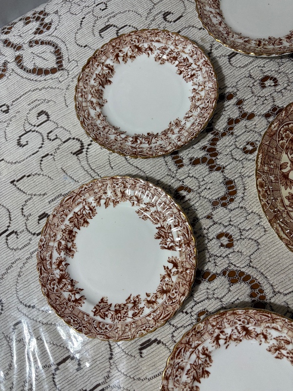 Victorian Brown Transferware Cake and Pastry Serving Set 9pc Cake Platter and 8 Cake Plates 7" Chrysanthemums (mums)