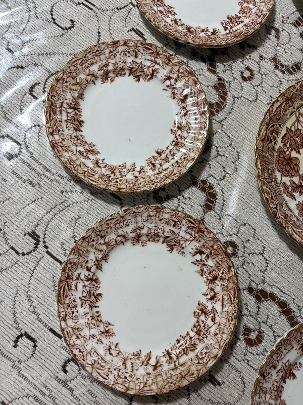 Victorian Brown Transferware Cake and Pastry Serving Set 9pc Cake Platter and 8 Cake Plates 7" Chrysanthemums (mums)