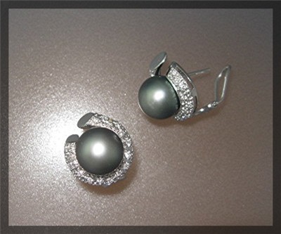 Earrings 14K White Gold Diamond Tahitian Pearl French C